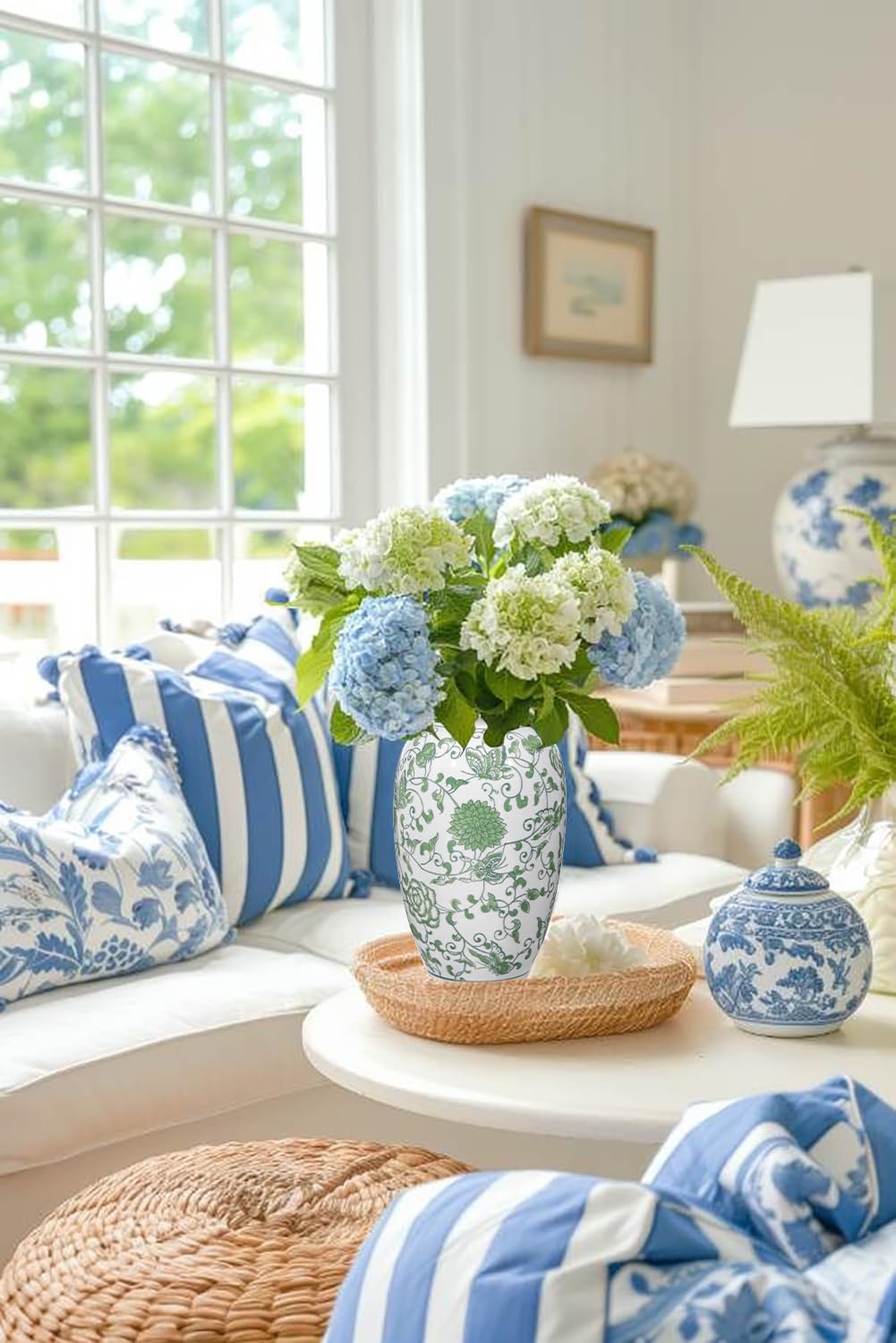 Keramik Vase Weiß und Blau für Blumendekoration Blumenvasen Deko Vase für Pampasgras Blumen, Tischdeko, Trockenblumen Deko Vasen für Wohnzimmer, Bürodeko, Modernes Dekoratives Vasen