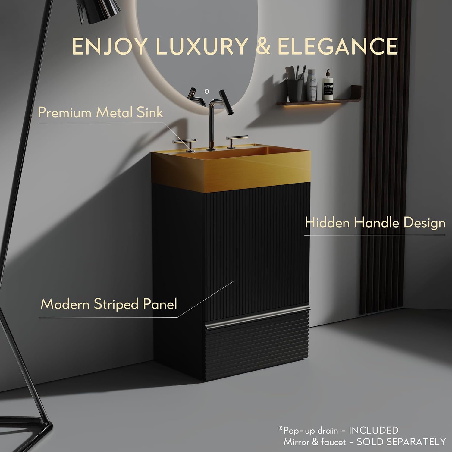 Fashionable Striped​ 20 inch Bathroom Vanity with Golden-Tone Metal Sink, Freestanding Modern Storage Cabinet with Soft-Closing Door 1 Drawer, for Small Bathroom, Powder Room, Hotel Black
