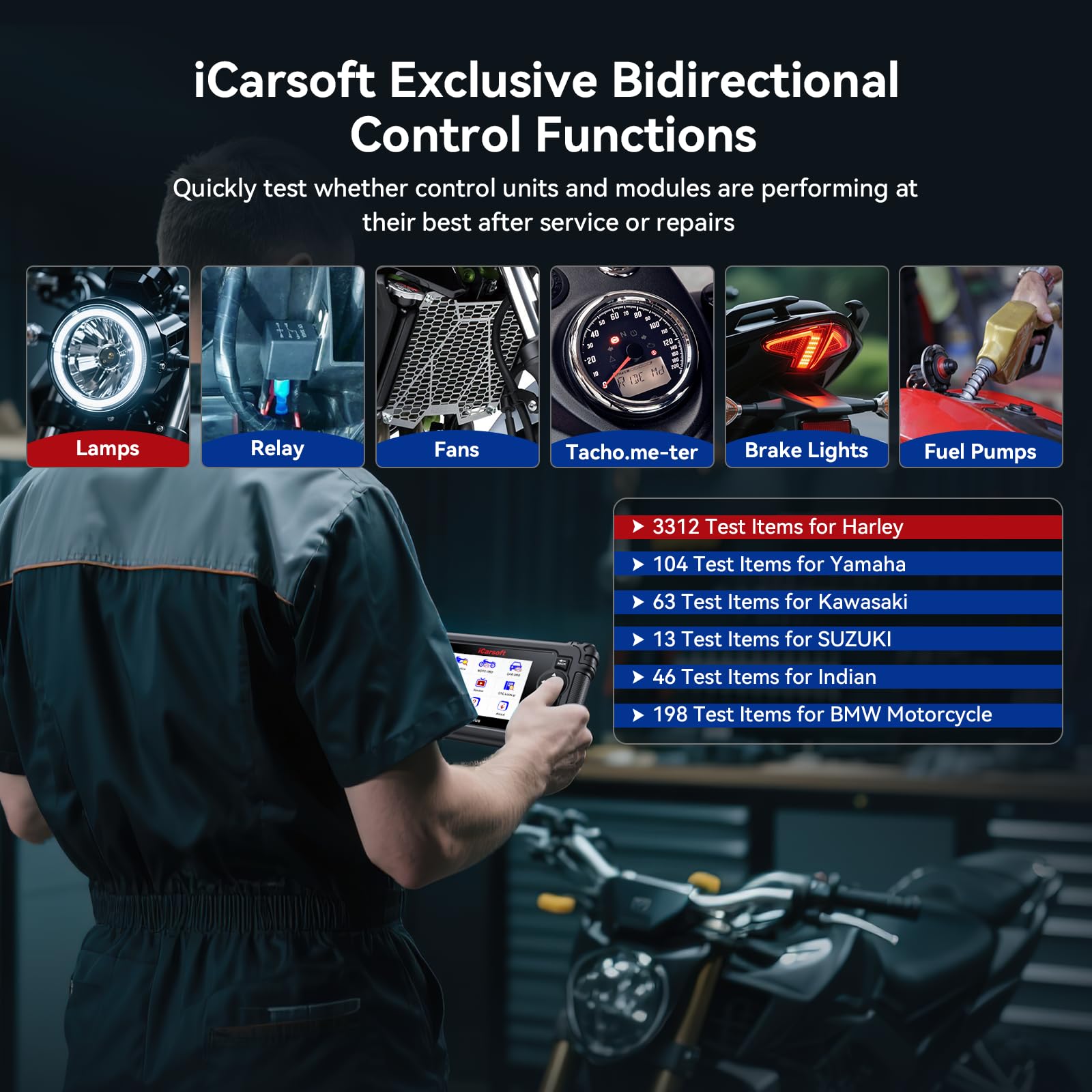 iCarsoft MT V6 Plus Motorrad-Diagnosegerät für Harley/BMW/Kawasaki/Indianer usw., 21 Marken, Motorrad-Vollsystem, alle Wartungs-Reset, Betätigungstest, Moto-Codeleser + Auto-OBD2-Diagnose, 2-in-1