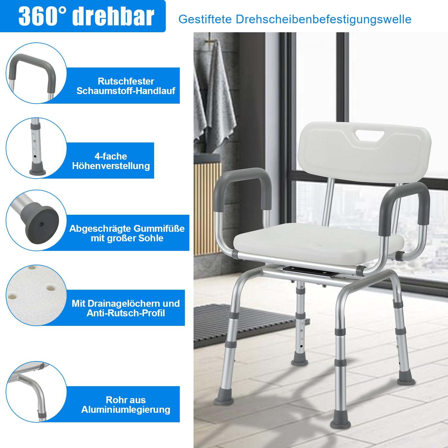 Duschhocker für senioren, Duschstuhl 360° Drehbar mit Rückenlehne und Armlehne, Höhenverstellbar Badhockerund 40-48 cm, Badhocker mit Anti-Rutsch-Füße Duschsitz Duschhilfe Badsitz