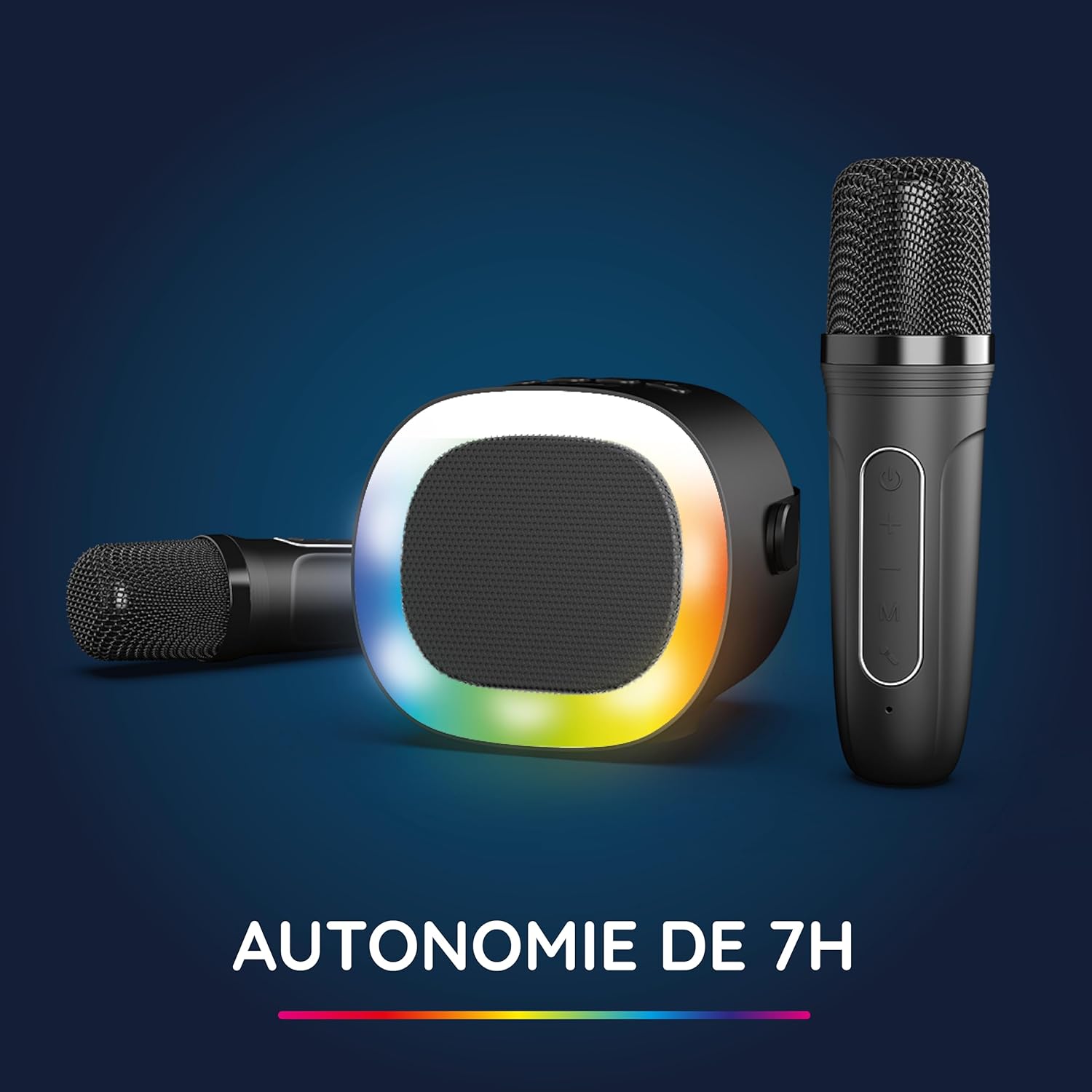 R-MUSIC speaker and microphones, indicating 7 hours of battery life with LEDs