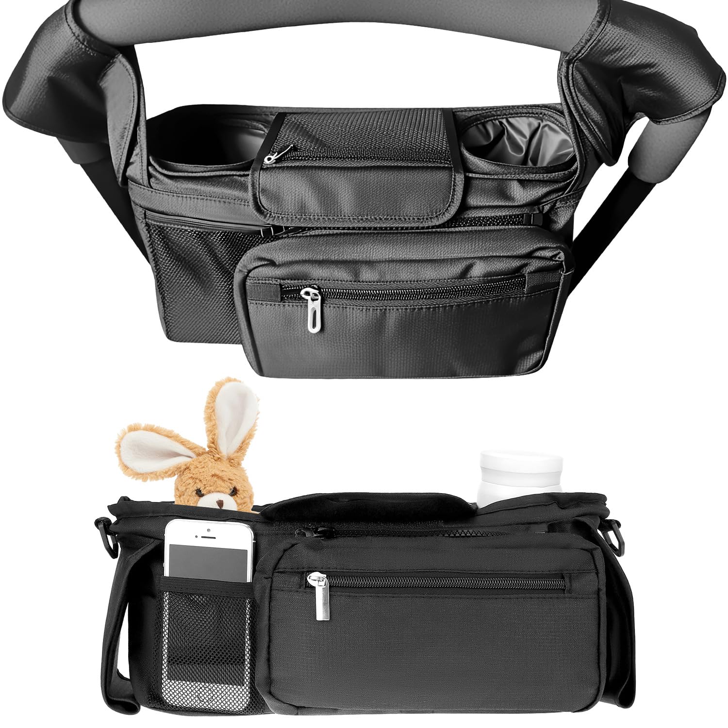 QWORK® Organizador de Cochecito Universal con portavasos aislantes, Bolsa removible y Correa de Hombro Ajustable - Negro
