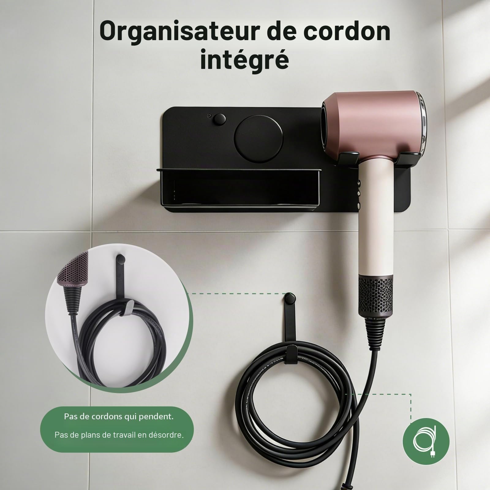 6 en 1 Support Seche Cheveux sans Percage Compatible avec Dyson Supersonic Nural HD16/ HD19, Porte Seche Cheveux Mural Métallique avec Rangement des Câbles, Convient pour 5 Embouts,29 * 12cm | Revêtement antirayures protège votre sèche-cheveux Dyson au qu