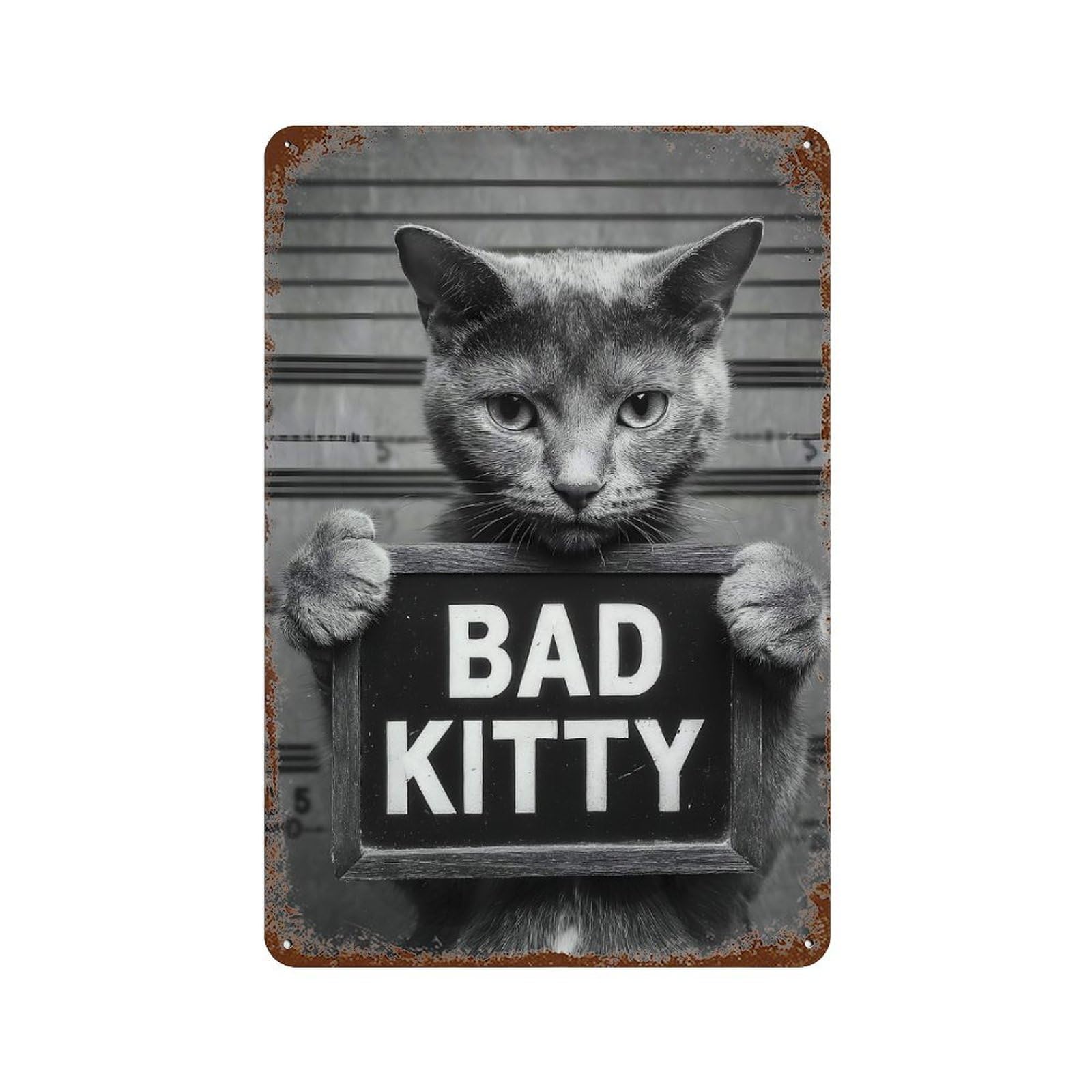 Rust Effect Bad Kitty Mugshot Vintage Rust Metal Sign 11.8"x7.9", Farmhouse Wall Decor for Basement, Hobby Room And Garage Decor