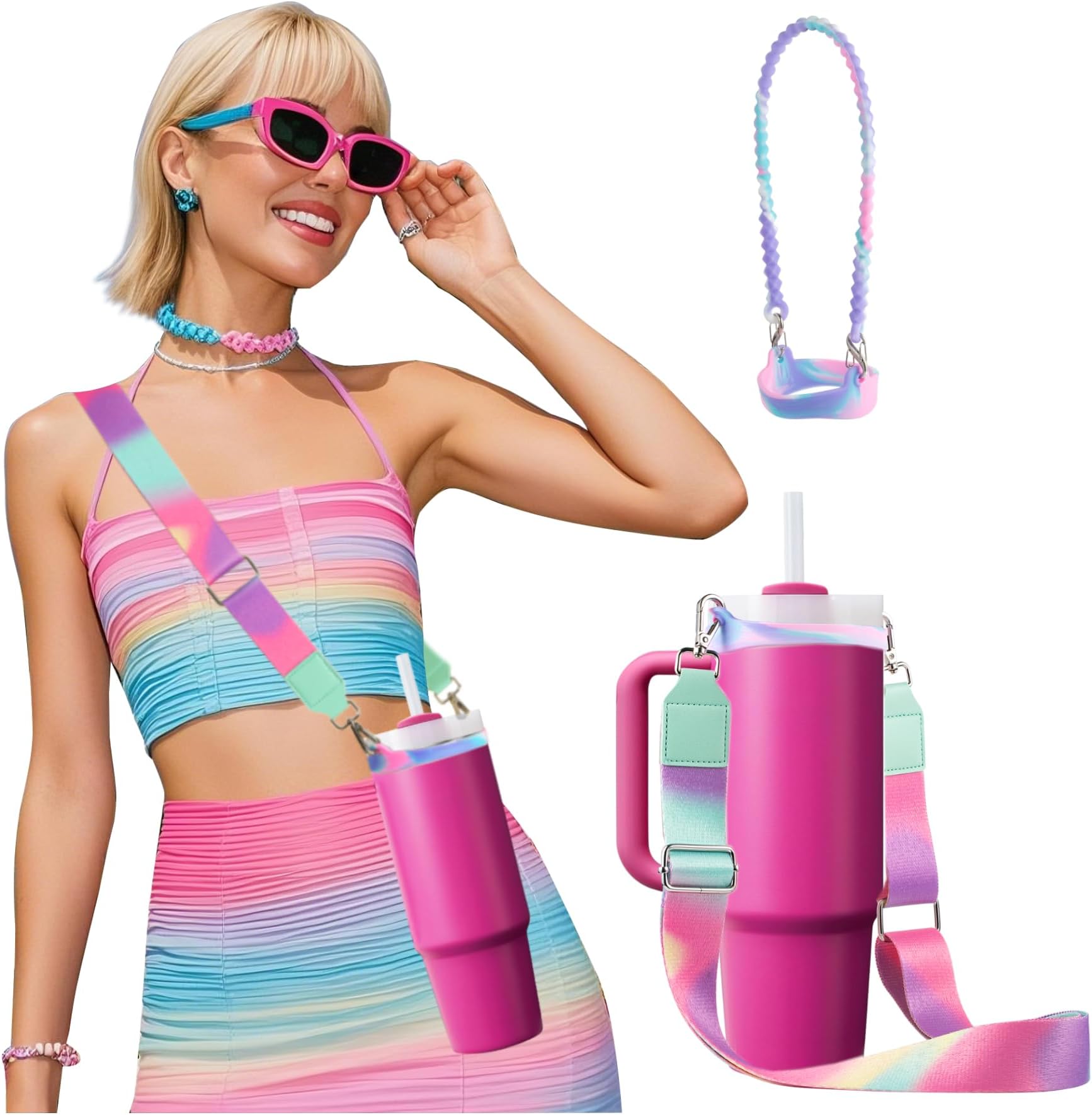 Water Bottle Handle for Stanley Cup 40/30/20 OZ, Holder for Owala/Hydroflask/Simple Modern/Yeti Tumbler, Handle with Strap Fits Most 8-40oz Bottles, Sling for Stanley Cup Accessories