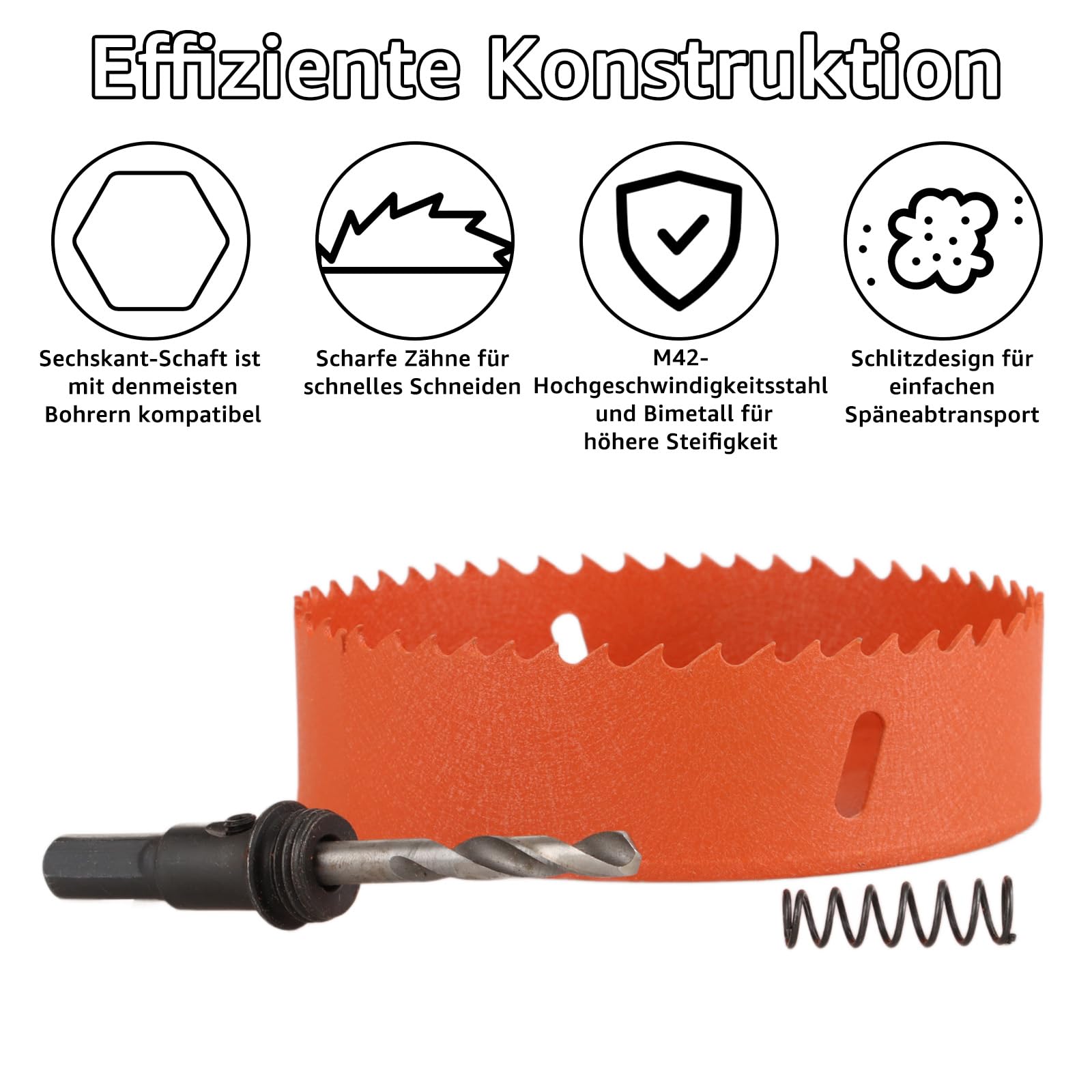 Otwornica 125 mm, pomarańczowa, bimetalowa, uniwersalna otwornica 125 mm, 125 mm, zestaw z rozdzielnym wiertłem, koronką wiertniczą, średnica 125 mm, do materiałów budowlanych, drewna, metali