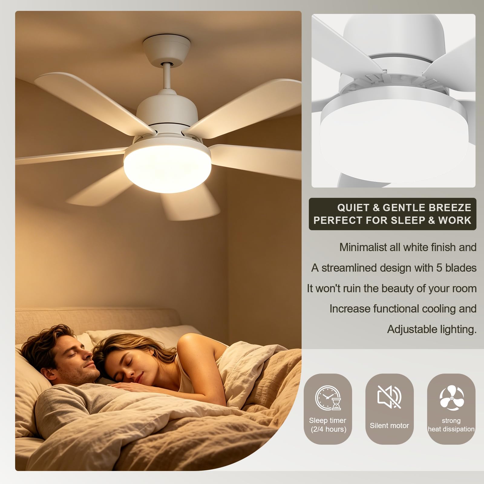 Ventilateur de Plafond avec Lumière et Telecommande, 52CM 40W Ventilateur de plafond silencieux E27 avec 3 niveaux, lampe LED dimmable, 3 Vitesses, minuterie 2/4h, 5 Pales,52*52*18.5cm (A+B22)