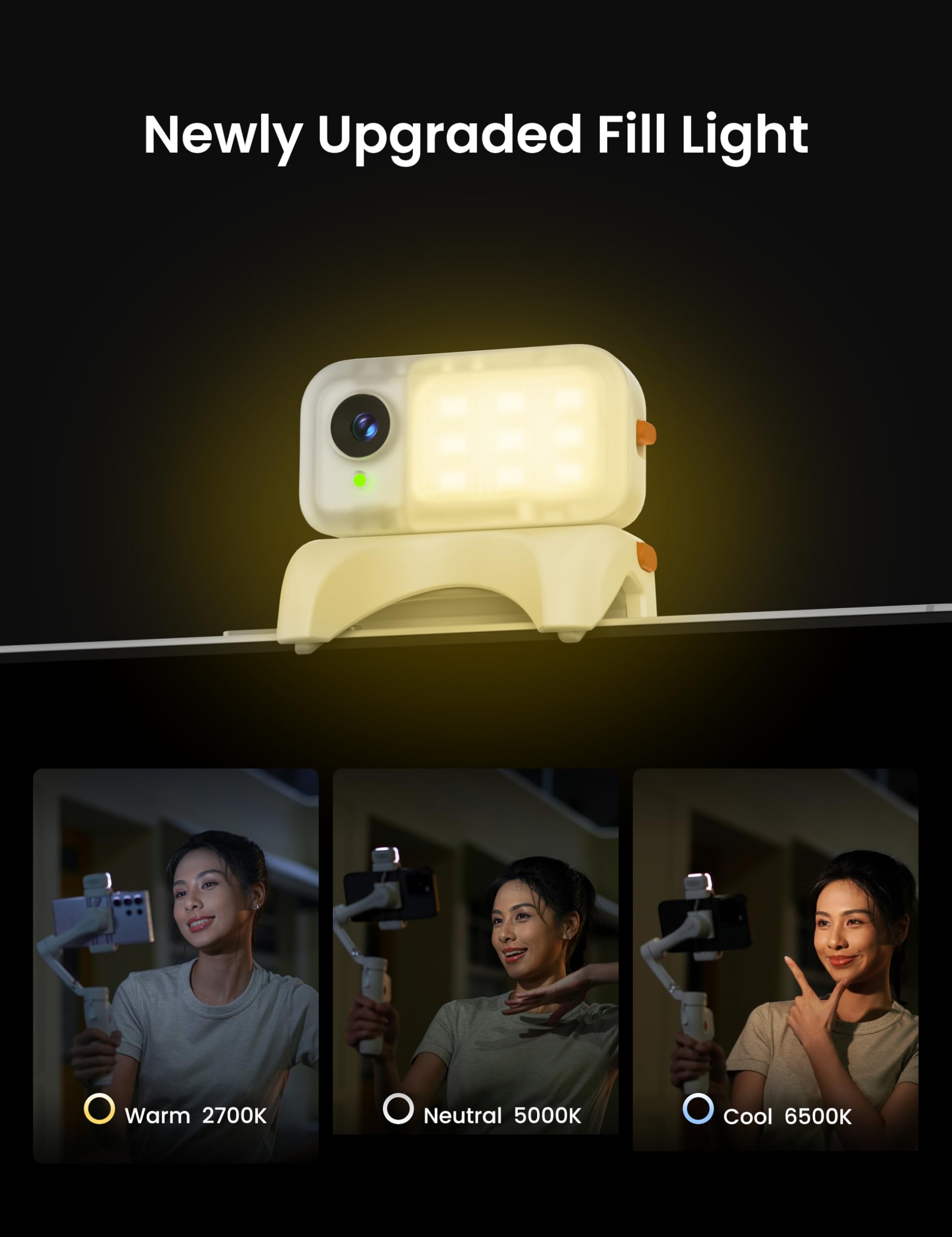 Hohem Capteur de suivi IA avec lumière de remplissage magnétique 3 couleurs, tracker AI compatible avec iSteady V3, mode lumière froide/chaude/neutre, accessoires de stabilisateur de cardan pour
