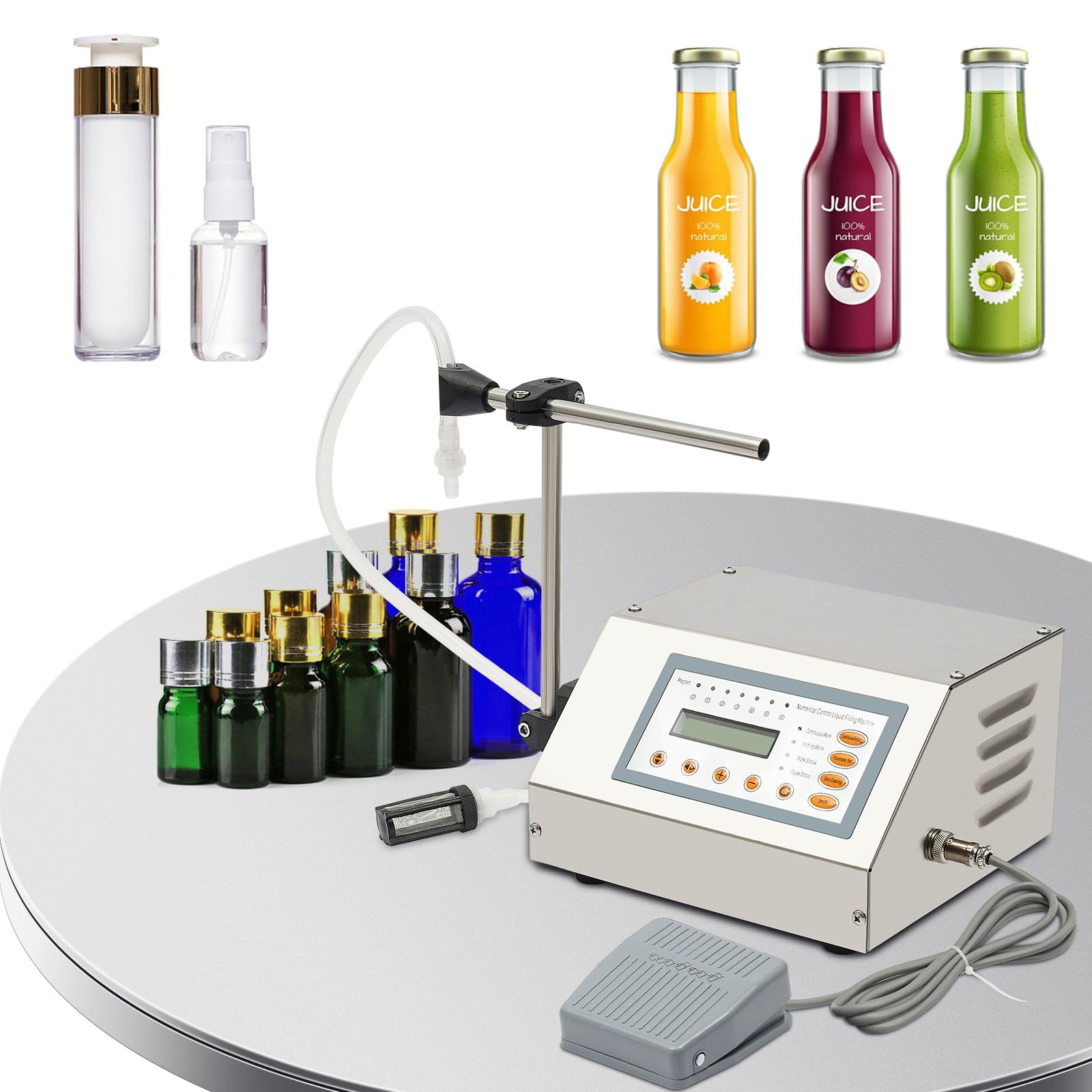 Flüssigkeitsfüllmaschine mit Fußpedal 30W Abfüllmaschine für flüssigen Saft, CNC mit Auslaufschützender Funktion, Abfüller Liquid Filling Machine 2–3500 ml für die Lebensmittel, Getränke