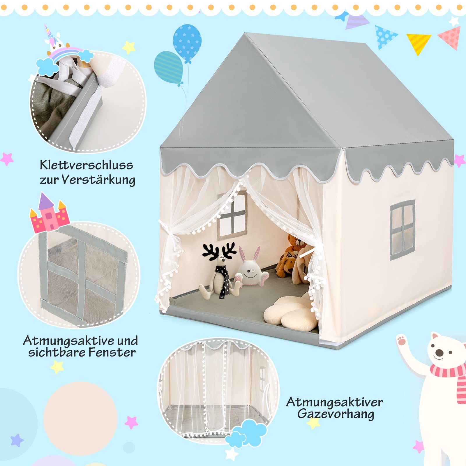 COSTWAY Kinderzelt Indoor, Kinderspielhaus für Jungen Mädchen Prinzess Prinzessin, Kinderspielzelt mit Massivholzrahmen & Baumwolldecke, Kinder Spielhaus für Drinnen, 120x105x140cm (Beige+Grau)