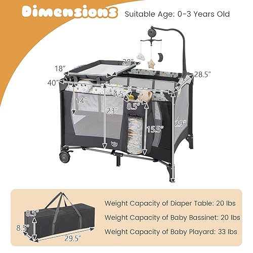 Miniatura 6 de BABY JOY 3 en 1 Pack and Play, Corralito Portátil para Bebé con Moisés, Mesa Cambiadora, Ruedas con Seguro, Caja de Música Luminosa, Cuna de Viaje