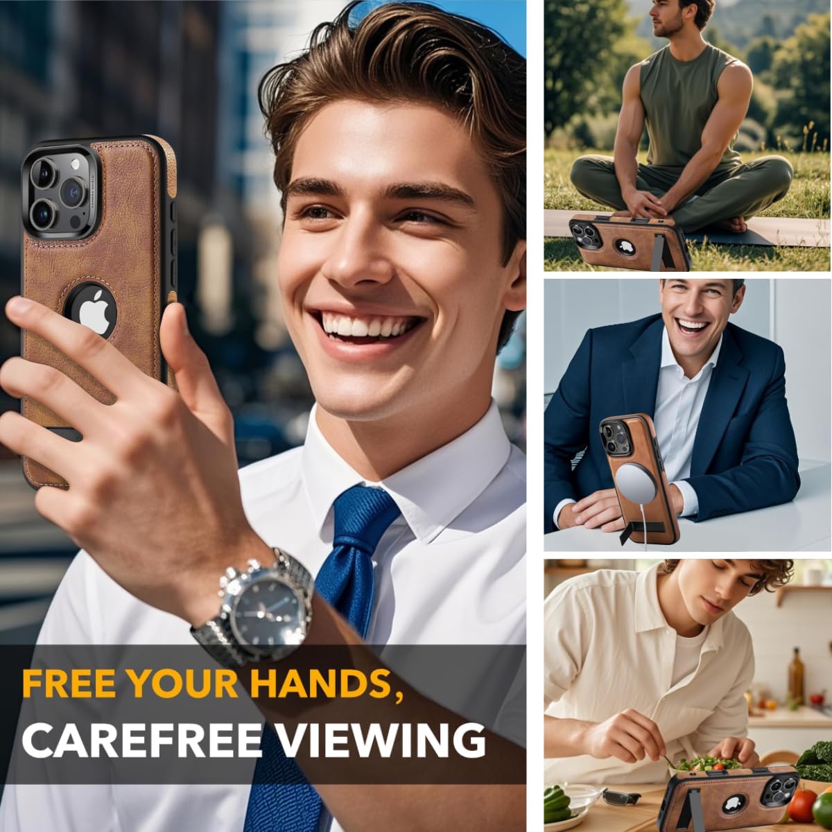 iPhone 16 Pro Max Case Leather, MagSafe Compatible Strong Magnetic N56, Invisible Kickstand Stand Cover, Slim Protective Phone Case for iPhone 16 Pro Max 6.9", Brown - Image 5