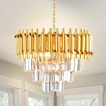 AHXIAOZN Modern Crystal Chandelier Gold Chandelier, 3-Tier Crystal Light Fixture, Round Pendant Light, Raindrop Flush Mount Ceiling Light for Bedroom Living Room, E14x5 Bulb  40cm [Energy Class B]