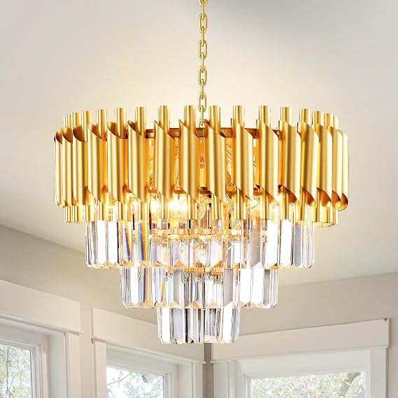 Gold Black Chandeliers Modern 3-Tier Flush Mount Crystal Ceiling Light Raindrop Crystal Pendant Light Fixture for Dining Room Living Room E14*5 Bulb (Excluding Bulbs) [Energy Class B]