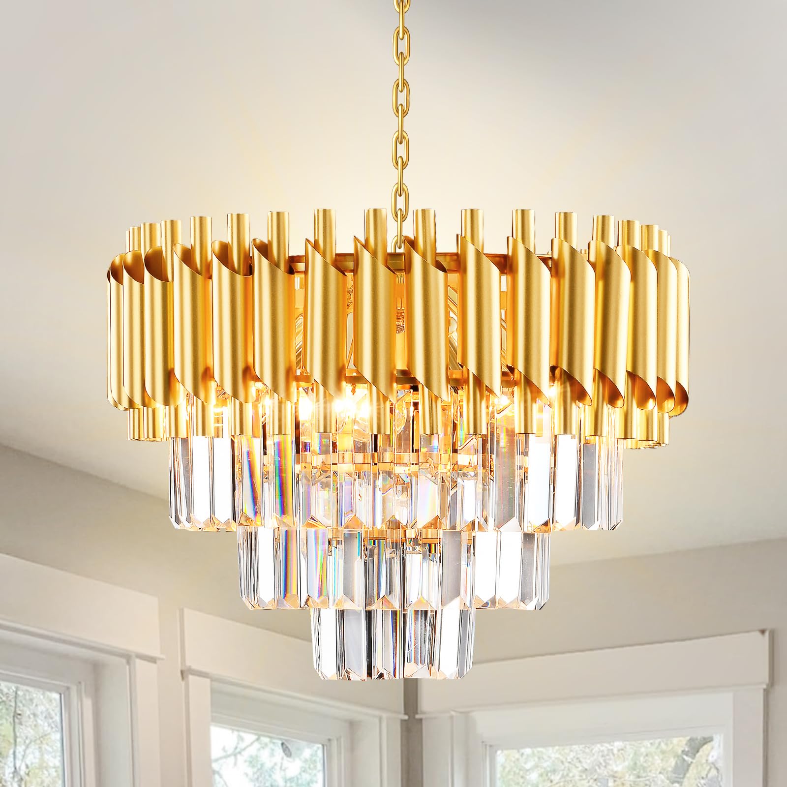 AHXIAOZN Modern Crystal Chandelier Gold Chandelier, 3-Tier Crystal Light Fixture, Round Pendant Light, Raindrop Flush Mount Ceiling Light for Bedroom Living Room, E14x5 Bulb Ø40cm