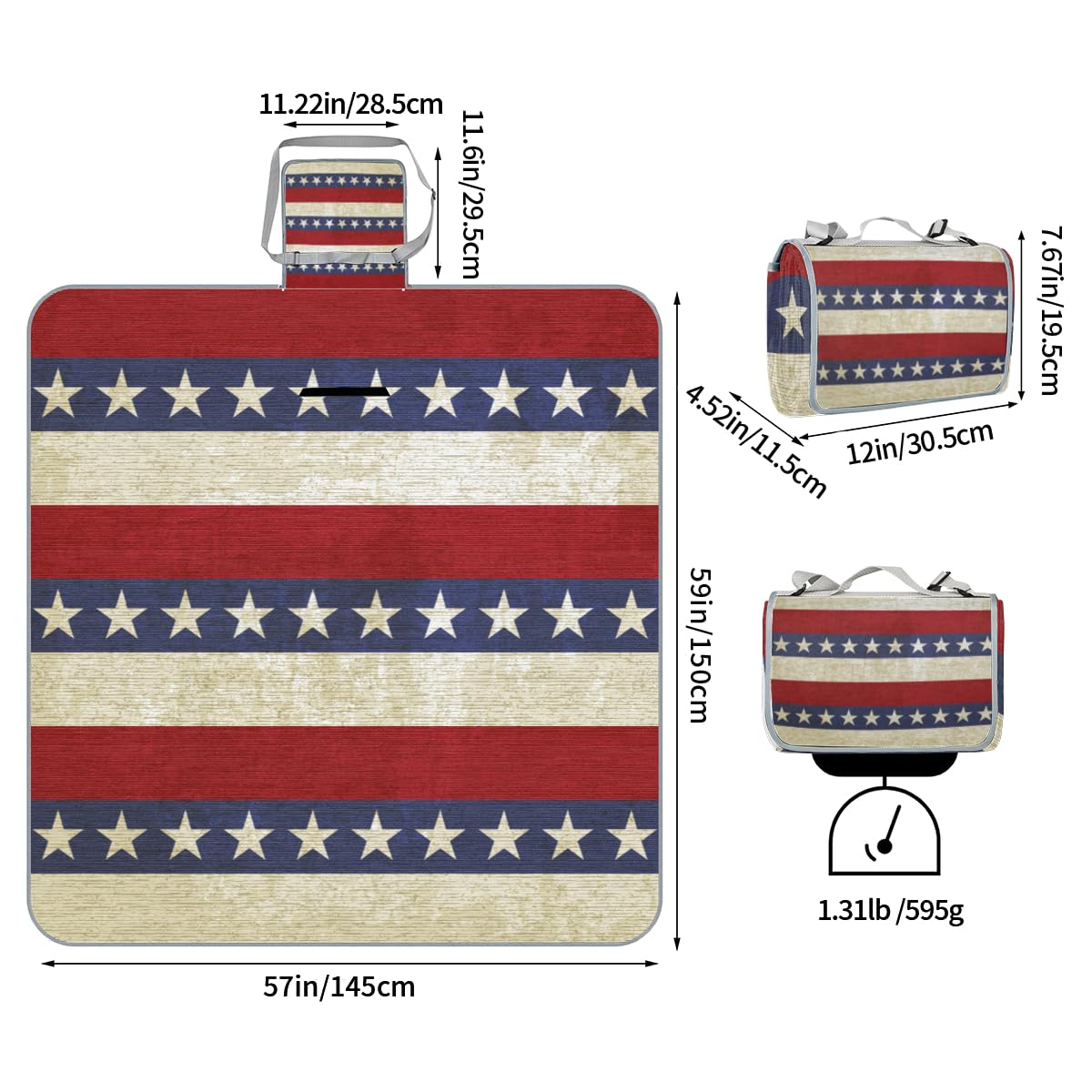 Shimoshe Picnic Blankets 57”x 59”, Star-Striped American Flag Waterproof Sandproof Picnic Mat Lightweight Foldable Beach Blanket for Camping Park Grass Beach Outdoor Blanket
