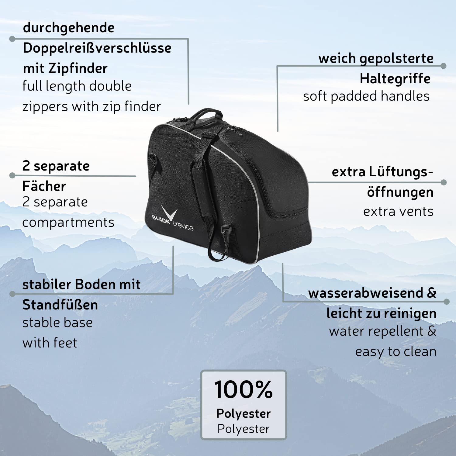 Black Crevice Bolsa para Botas y Casco de esquí I Bolsa para Botas de esquí/Snowboard y Casco Ajustable con Gran Compartimento Principal y secundario con Cremallera I tamaño: 53x26x39cm