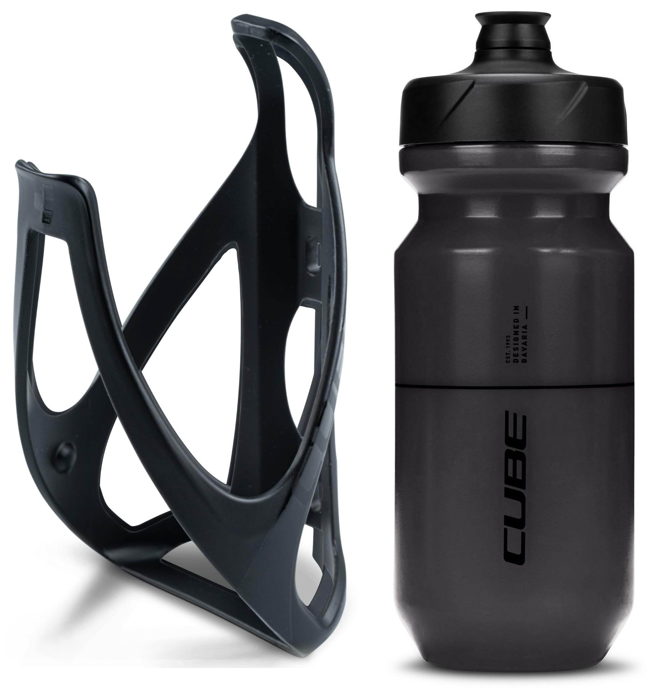 Cube HPP Cage - Stealth Black & Flow Bottle - Black, 500ml / Water Drink Flask Vessel Bidon Holder Mount Bracket Kit Lightweight Plastic Drinking Hydration Biking Bike Riding Frame Accessories — image 1