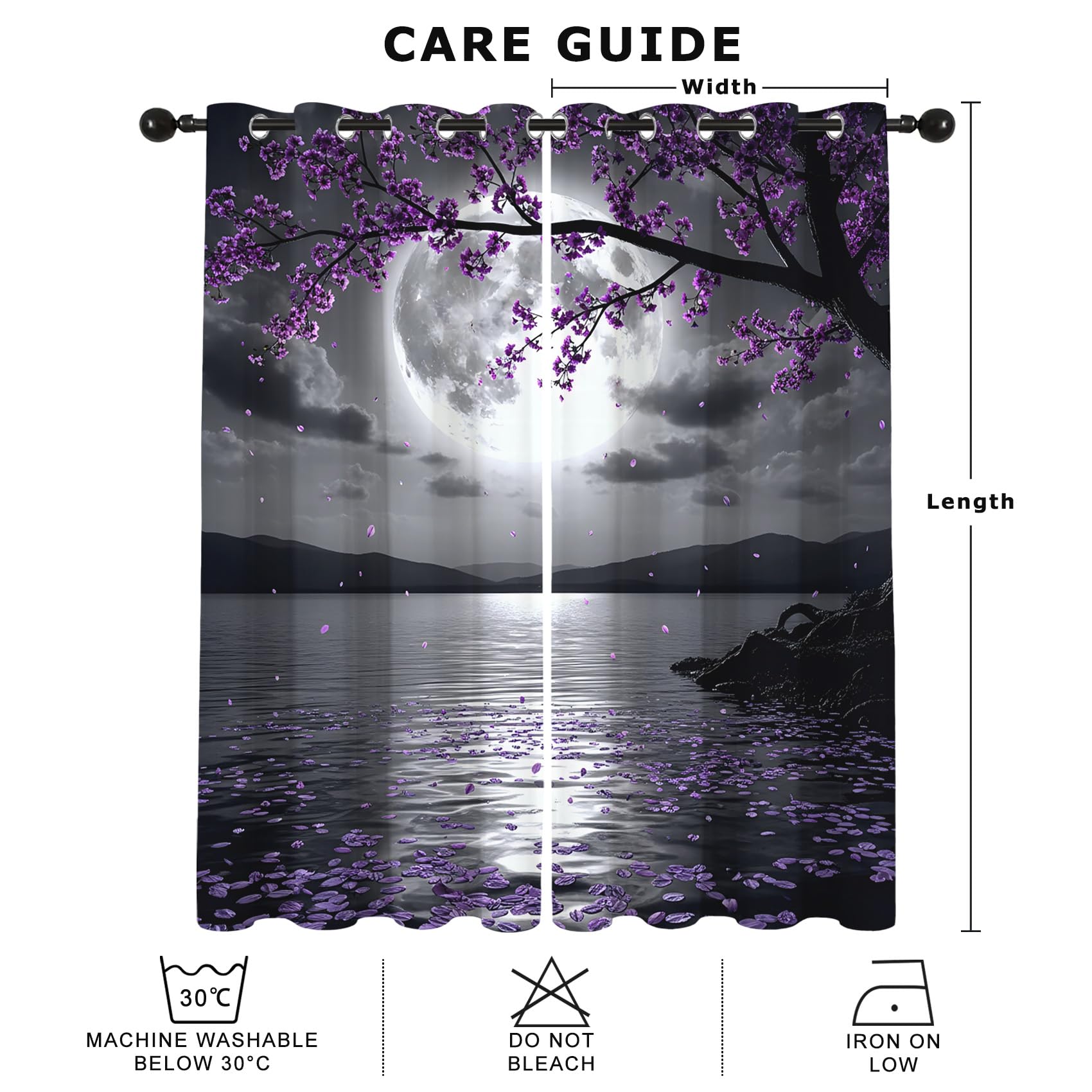 Mondlicht Kirschblüten Vorhänge Blickdicht Wohnzimmer Nacht See Motiv Vorhang mit ösen Gardinen 160 cm Hoch 2er Set Verdunklungsvorhänge für Schlafzimmer Fenster