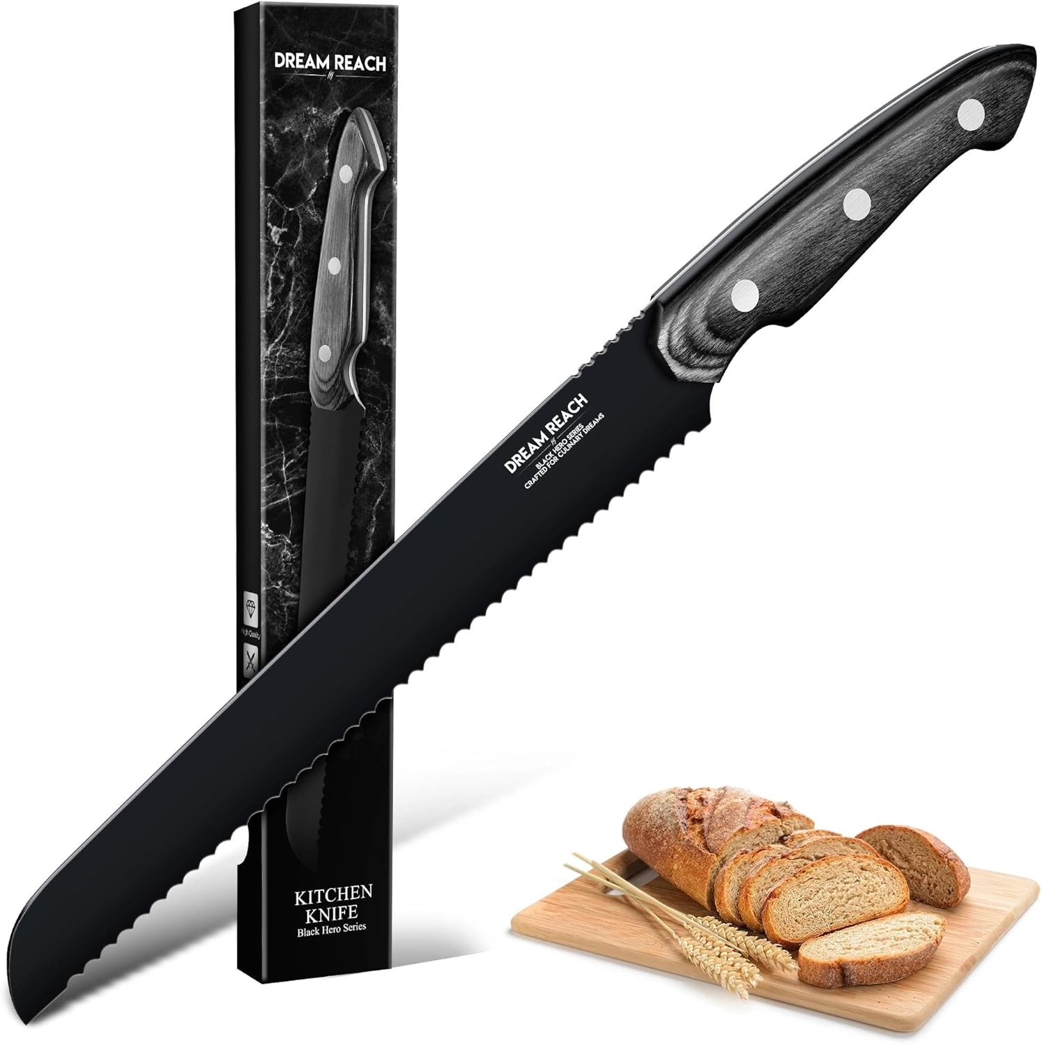 Dream Reach Serrated Bread Knife - Hand Forged Full Tang Black Sourdough Knife for Slicing Baguette, Sandwich, Bagels, Cake and Fruits