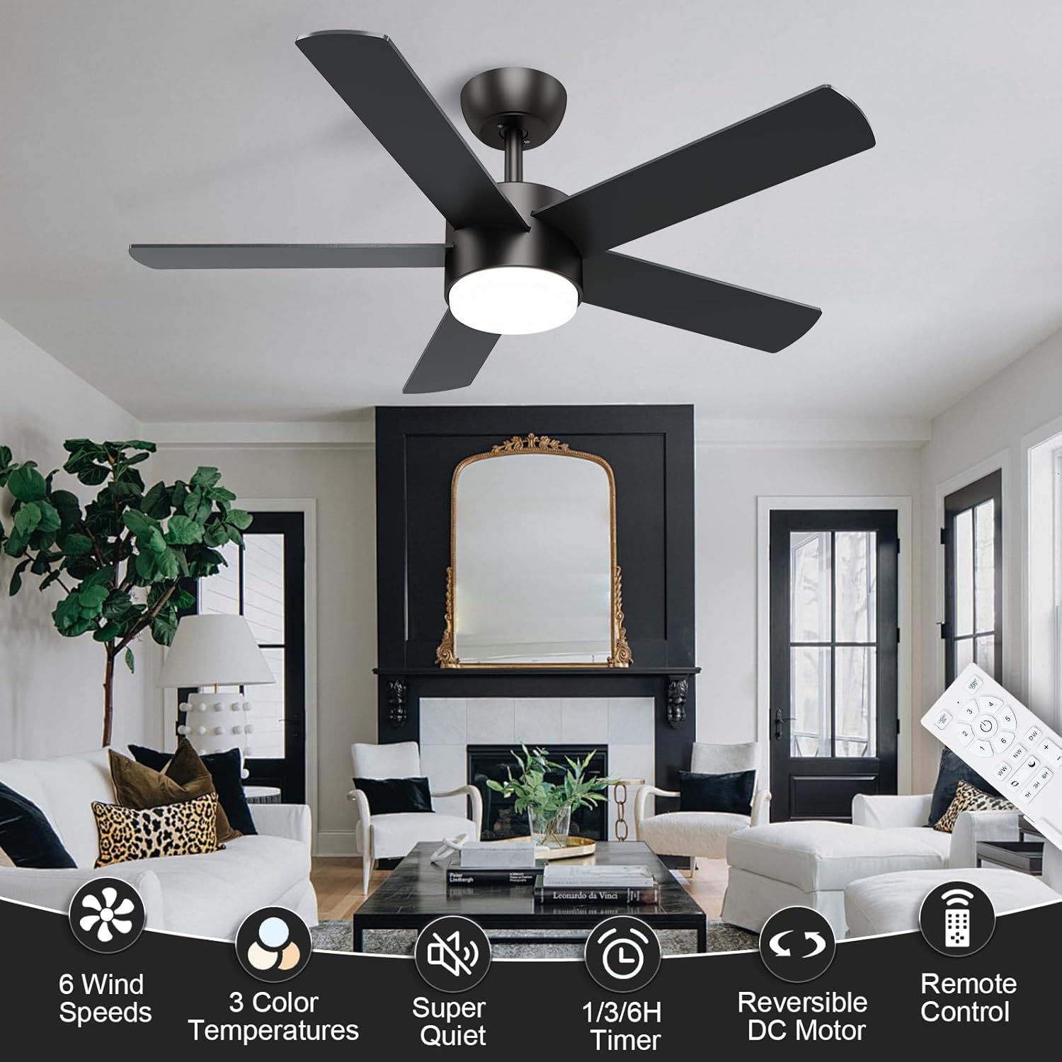 42 inch Black Ceiling Fans with Lights and Remote Control, LED Ceiling Fan Dimmable 3 CCT 6-Speed, Noiseless Modern Ceiling Fan for Bedroom, Living Room, Dining Room, ETL Listed