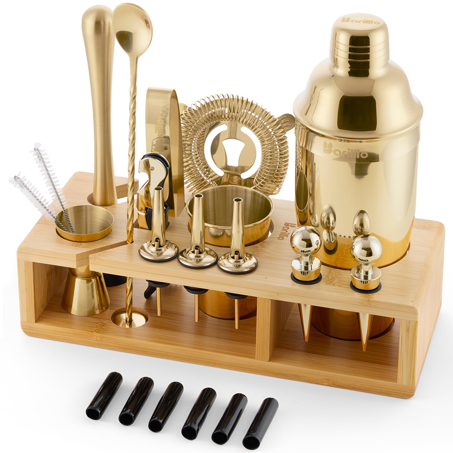 Black 23-Piece Bartender Kit Cocktail Shaker Set by BARILLIO: Stainless Steel Bar Tools With Sleek Bamboo Stand, Velvet Carry Bag & Recipes Booklet | Ultimate Drink Mixing Adventure