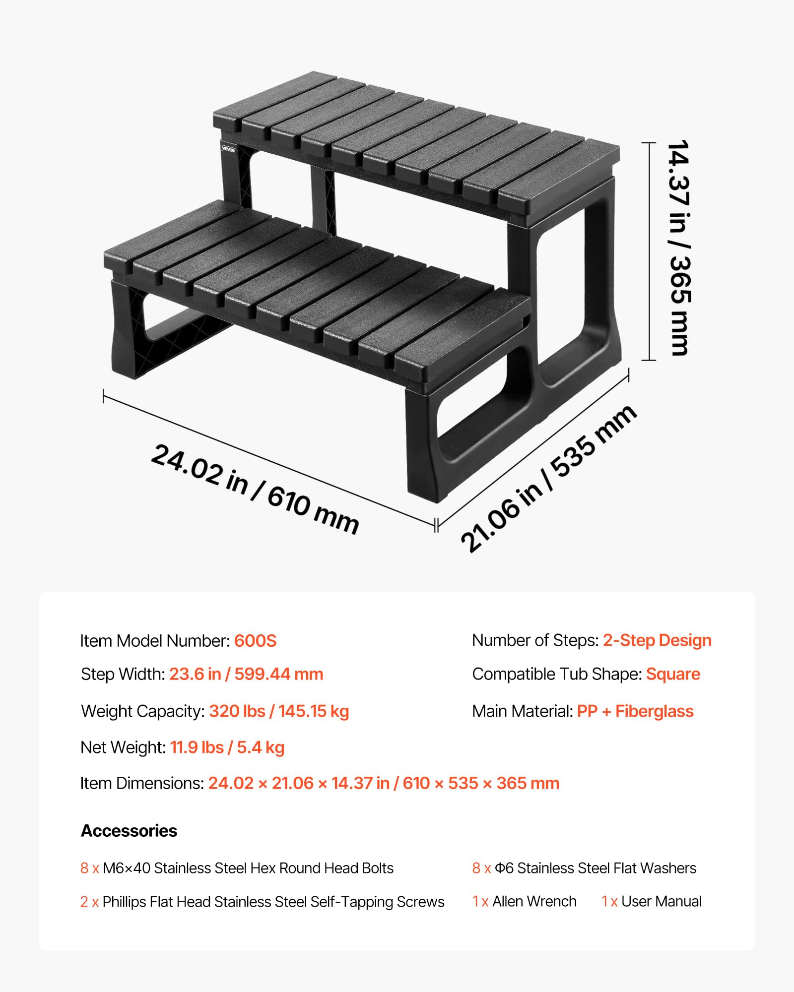 VEVOR Escalier de spa à 2 marches, marchepied de piscine gonflable robuste en PP 610 mm, capacité 145,15 kg, noir