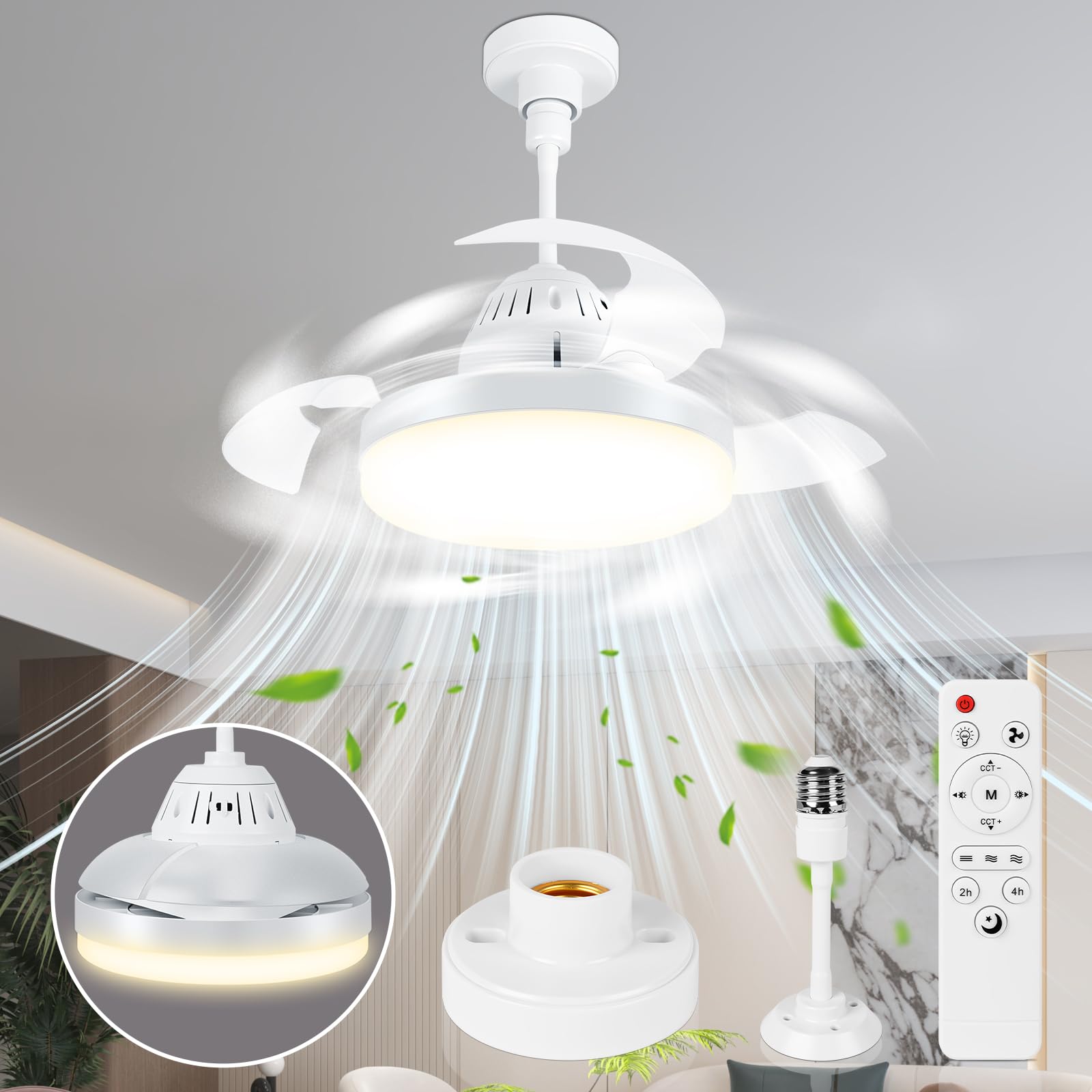 Charmofun Ventilador de Techo con Luz Silencioso, 43CM Lampara Techo Ventilador Plegable E27 con Luz y Mando, Regulable en Colores y Velocidades, 3 Aspas Ocultas, Temporizador para Dormitorio y Salón