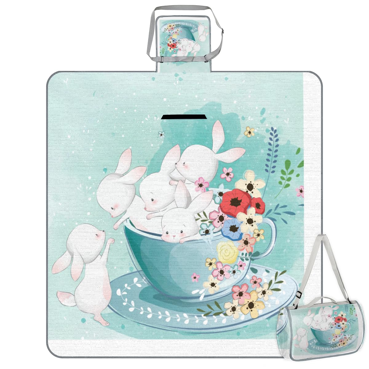 Shimoshe Picnic Blankets 57”x 59”, Floral Teacup Bunny Waterproof Sandproof Picnic Mat Lightweight Foldable Beach Blanket for Camping Park Grass Beach Outdoor Blanket
