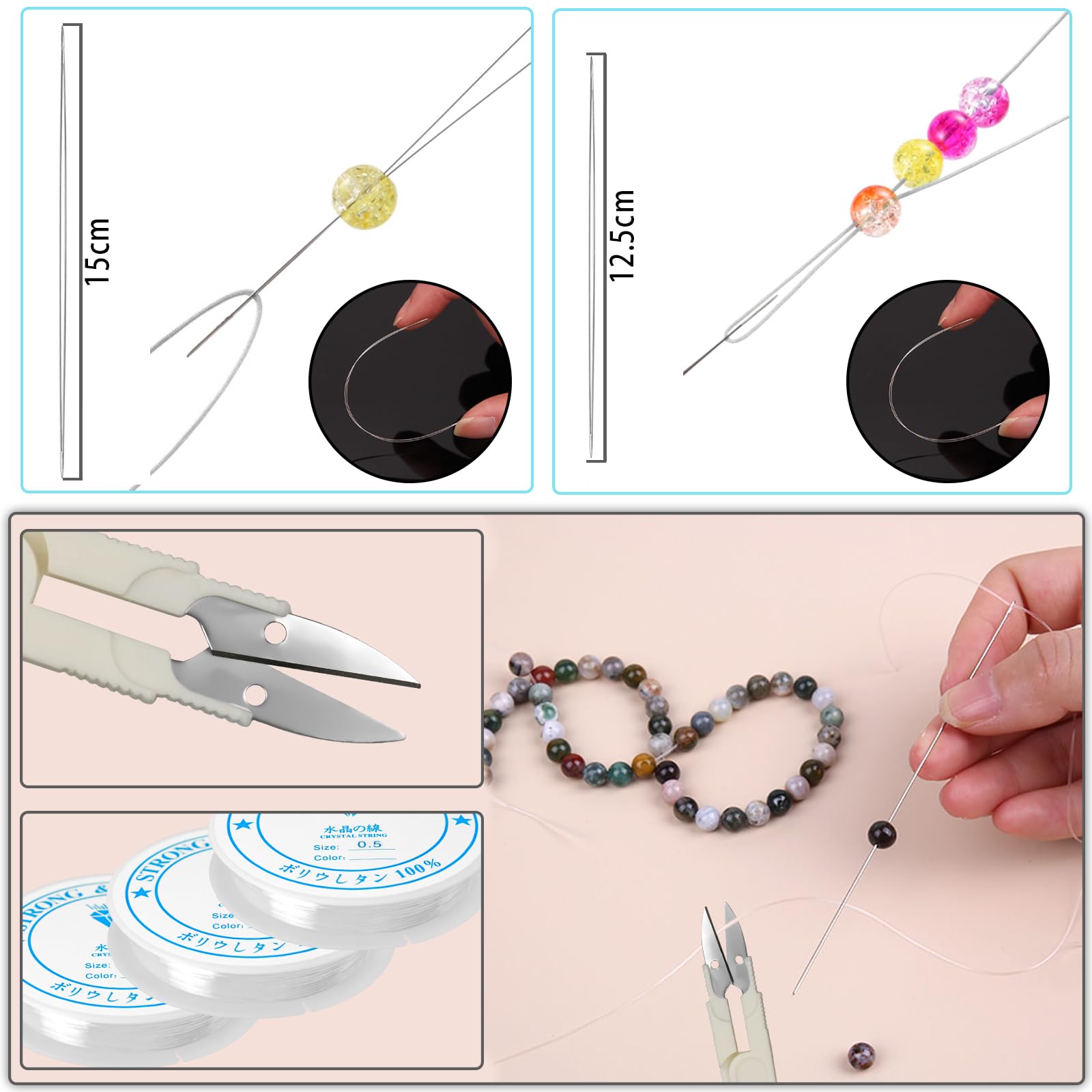 wonkeken 15 Pcs Transparent Elastic Thread Elastic Nylon Magic Rope(0.5mm 0.6mm0.7mm0.8mm1mm) with 2 Bead Needles 1 Pair of Scissors Bead String DIY Jewelry Making Bracelet Necklace Decoration - Image 4