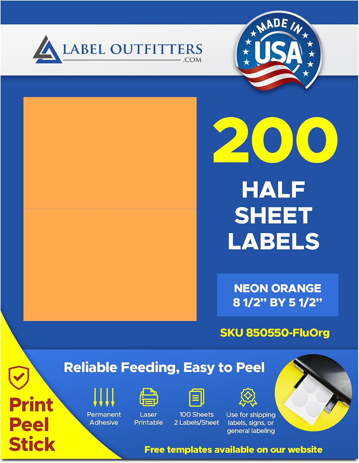 200 Label Outfitters® Fluorescent Orange Laser Only Labels, 8-1/2" x 5-1/2", 100 Sheets