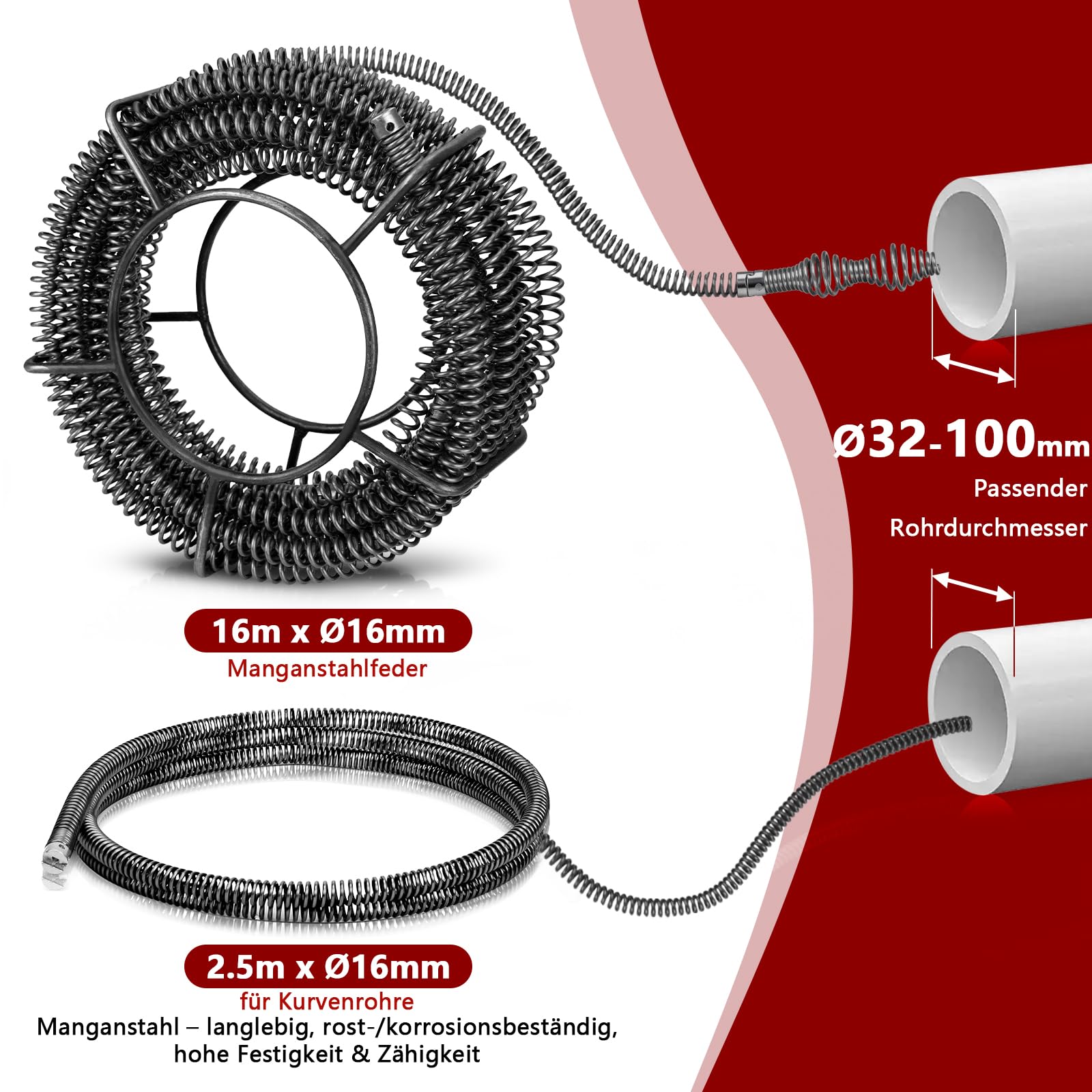400W Elektrisch Rohrreinigungsspirale mit Spirale 16m x Ø16mm & 5m x Ø10mm | f. Ø20-100 mm Rohrleitungen, 450 U/m, Rohrreinigungsmaschine Abflussreiniger Spirale Rohrreiniger Reinigung Drain Clean,