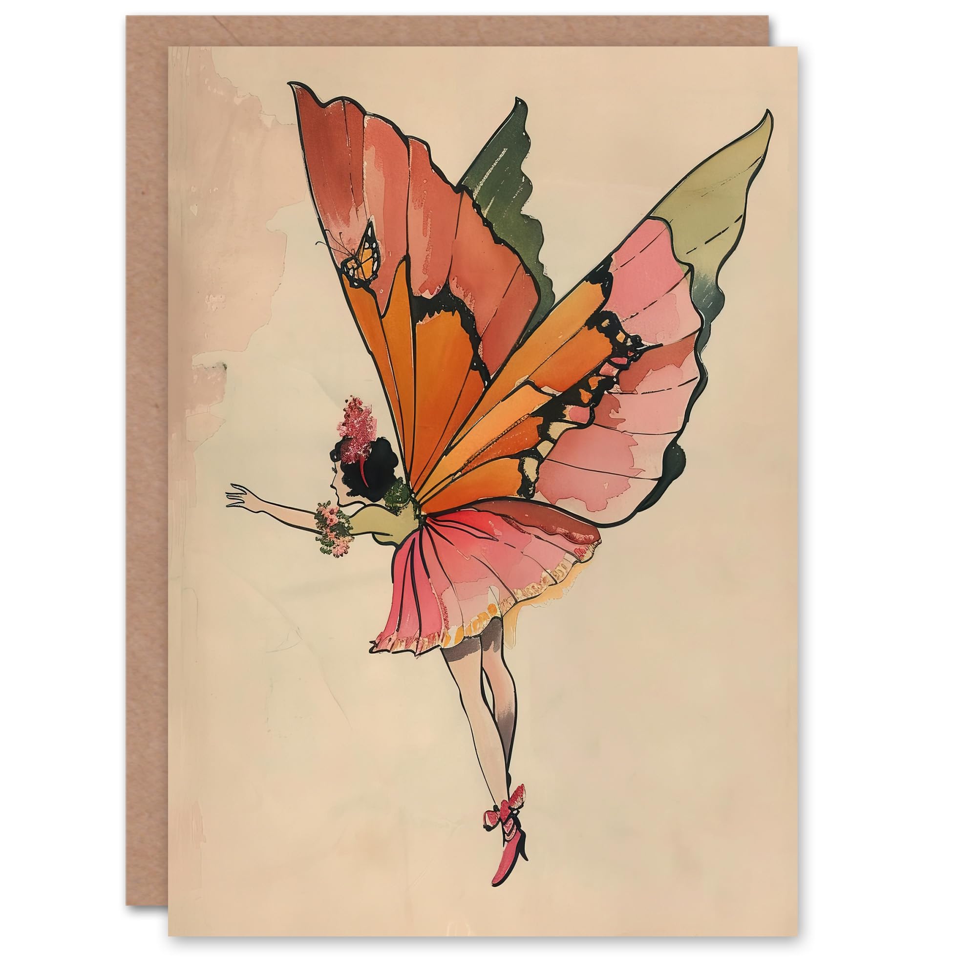 Artery8 Greeting Card Tinkerbell Butterfly Fairy Vintage Watercolour For Her Woman Birthday Card