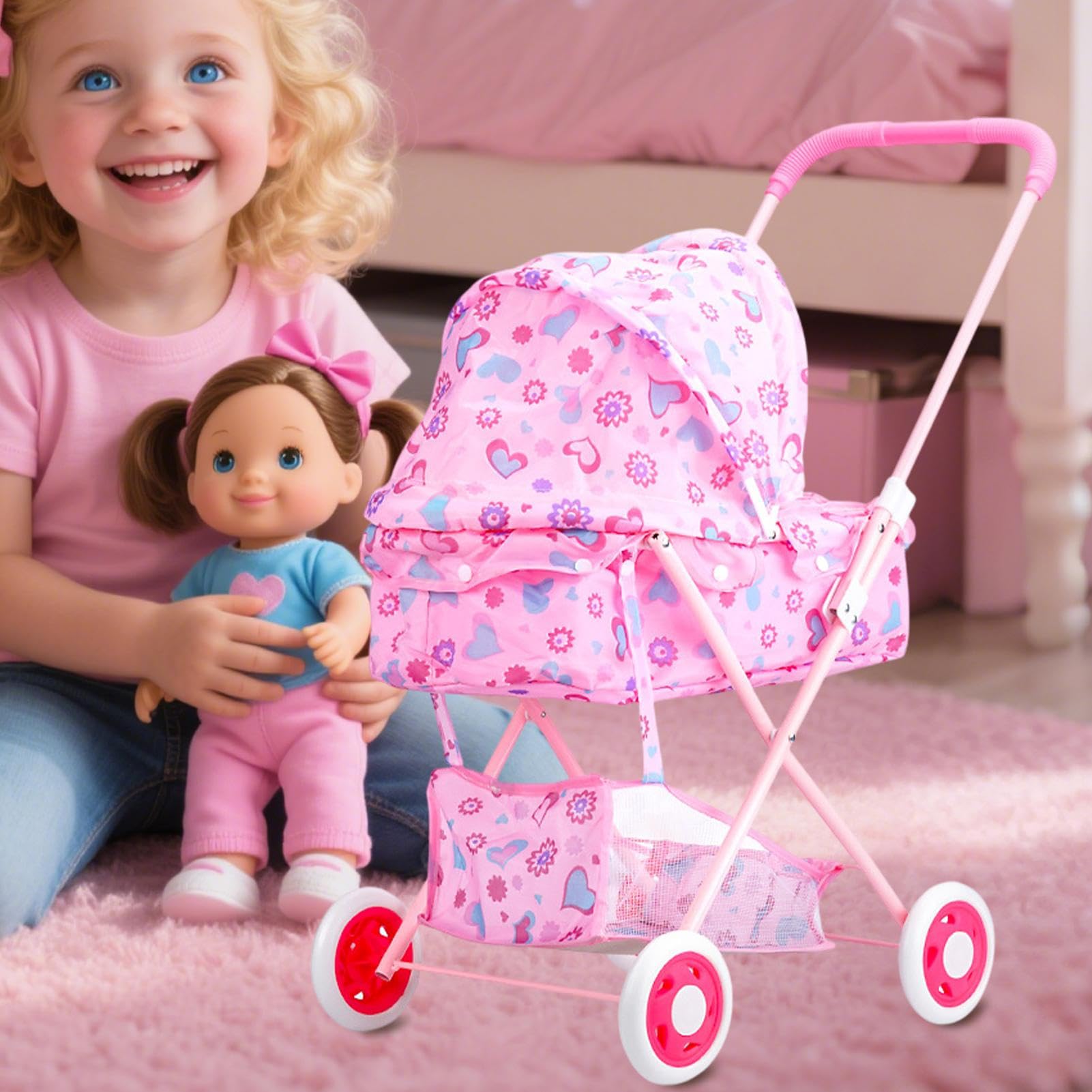 Puppen-Kinderwagen für kleine Babypuppen Robust Geräumig Realistisches | Hochstuhl-Wagen für Babypuppen Kinderzimmer-Spielzeugbuggy, für Kindertag, Geburtstag, Ostern