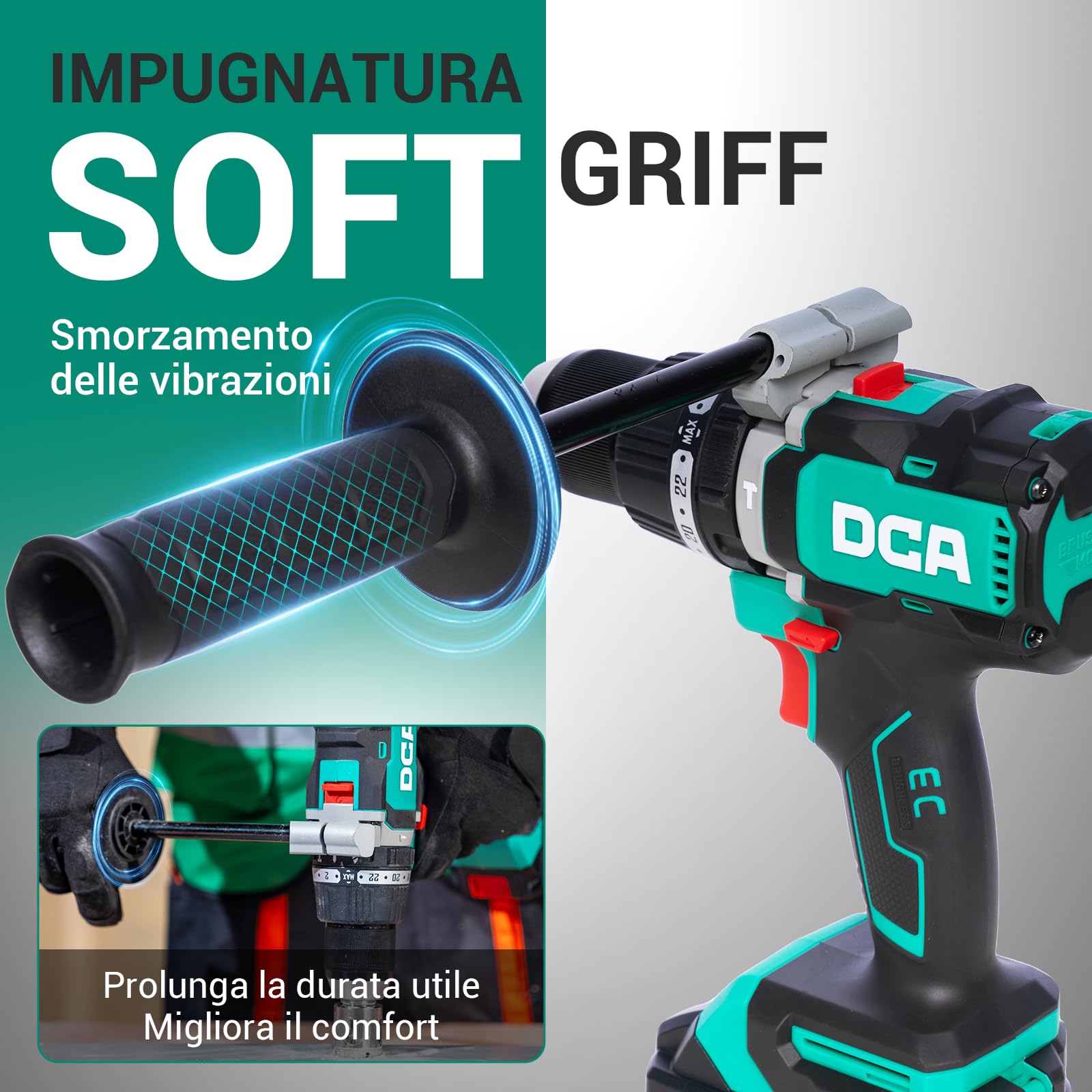 DCA Trapano Avvitatore A Percussione Brushless 20 V, 120 Nm, Mandrino Metallo 13 mm, Frizione 24+1+1, 32000 Colpi/min, Con 2 Batterie 4,0 Ah Per Mattoni, Metallo E Legno
