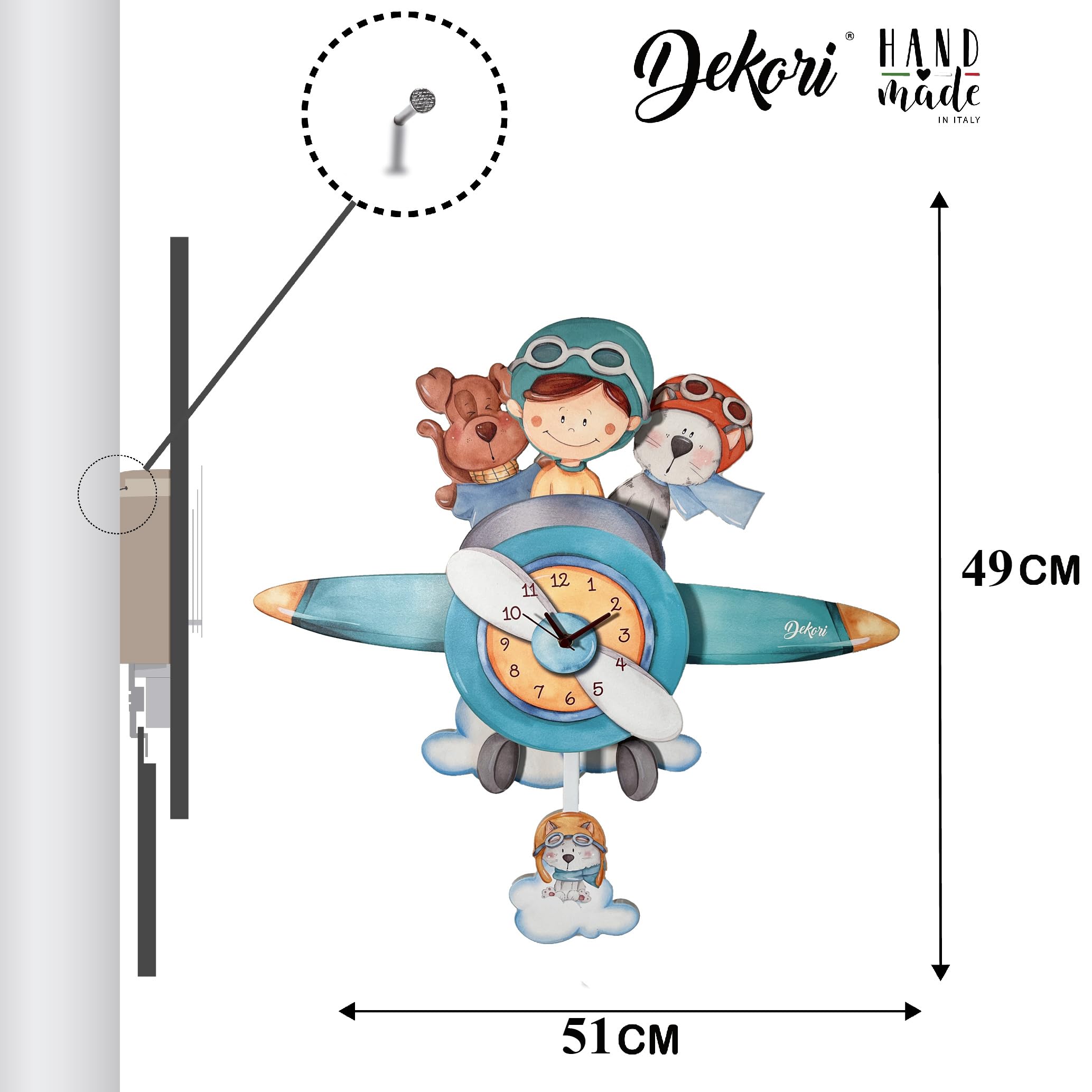 DEKORI Orologio da parete a pendolo bambini in legno – Aeroplano con aviatore e cagnolini – Silenzioso, decorazione cameretta, podotto artigianale, fatto a mano, Made in Italy