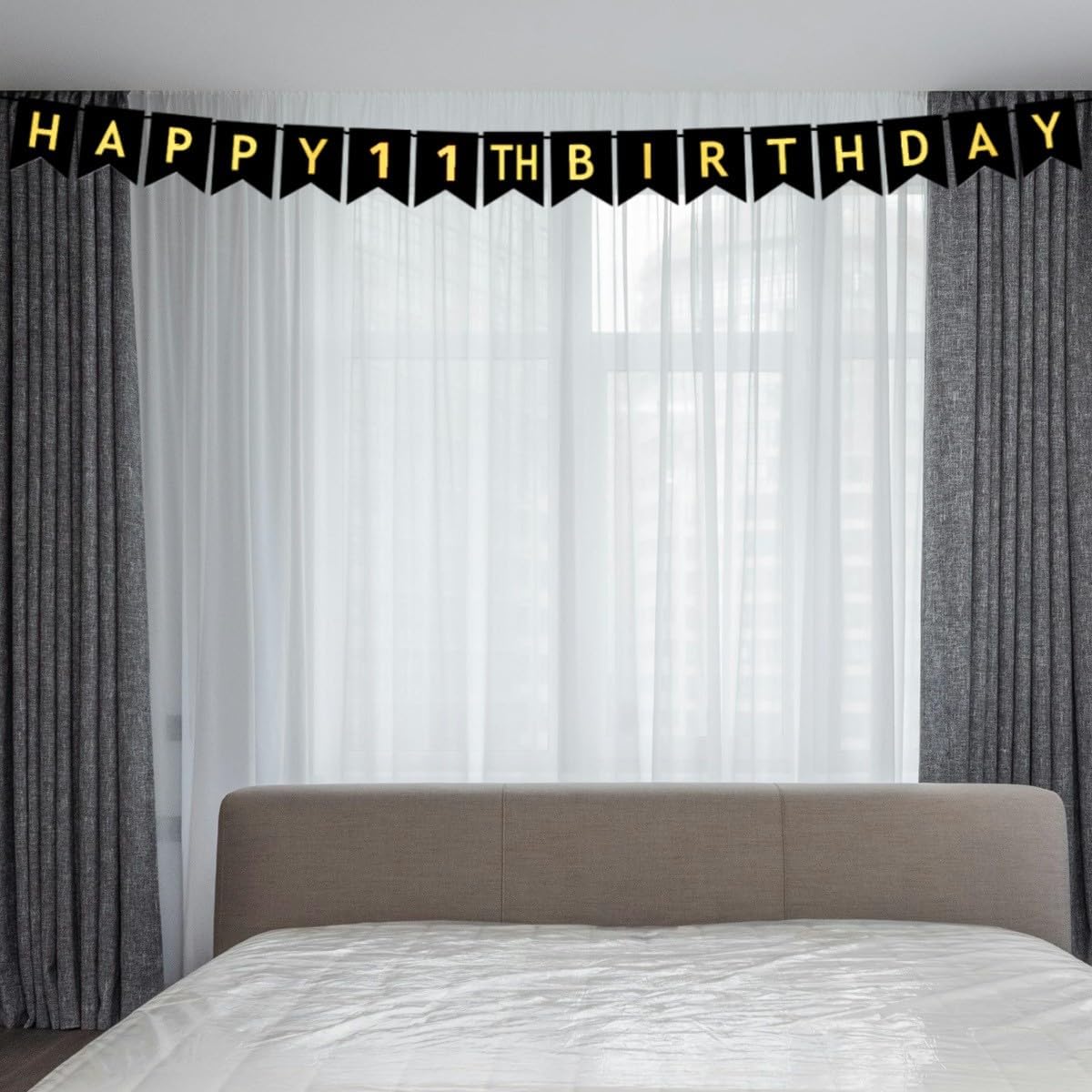 HAPPY 11TH BIRTHDAY Banner, Pre-Strung, Black Gold 11th Birthday Party Decorations, Happy 11 Year Old Bday Party Bunting, Eleven Birth Flag