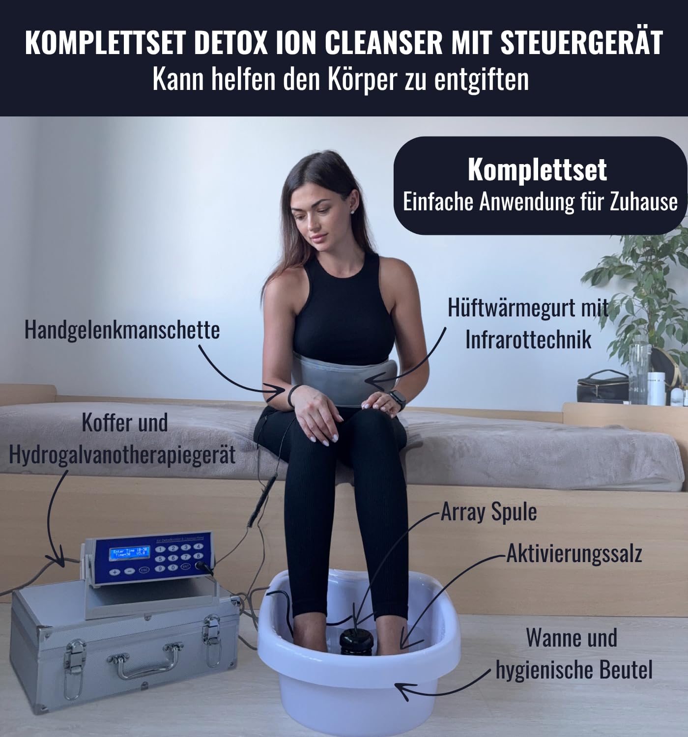 Galvano Detox Nettoyeur Ionique | Bain de Pieds & Corps, Kit Hydrogalvanique Complet avec Électrolyseur, 3 Convertisseurs, Ceinture Chauffante Infrarouge, Écran Numérique, Coffret Alu