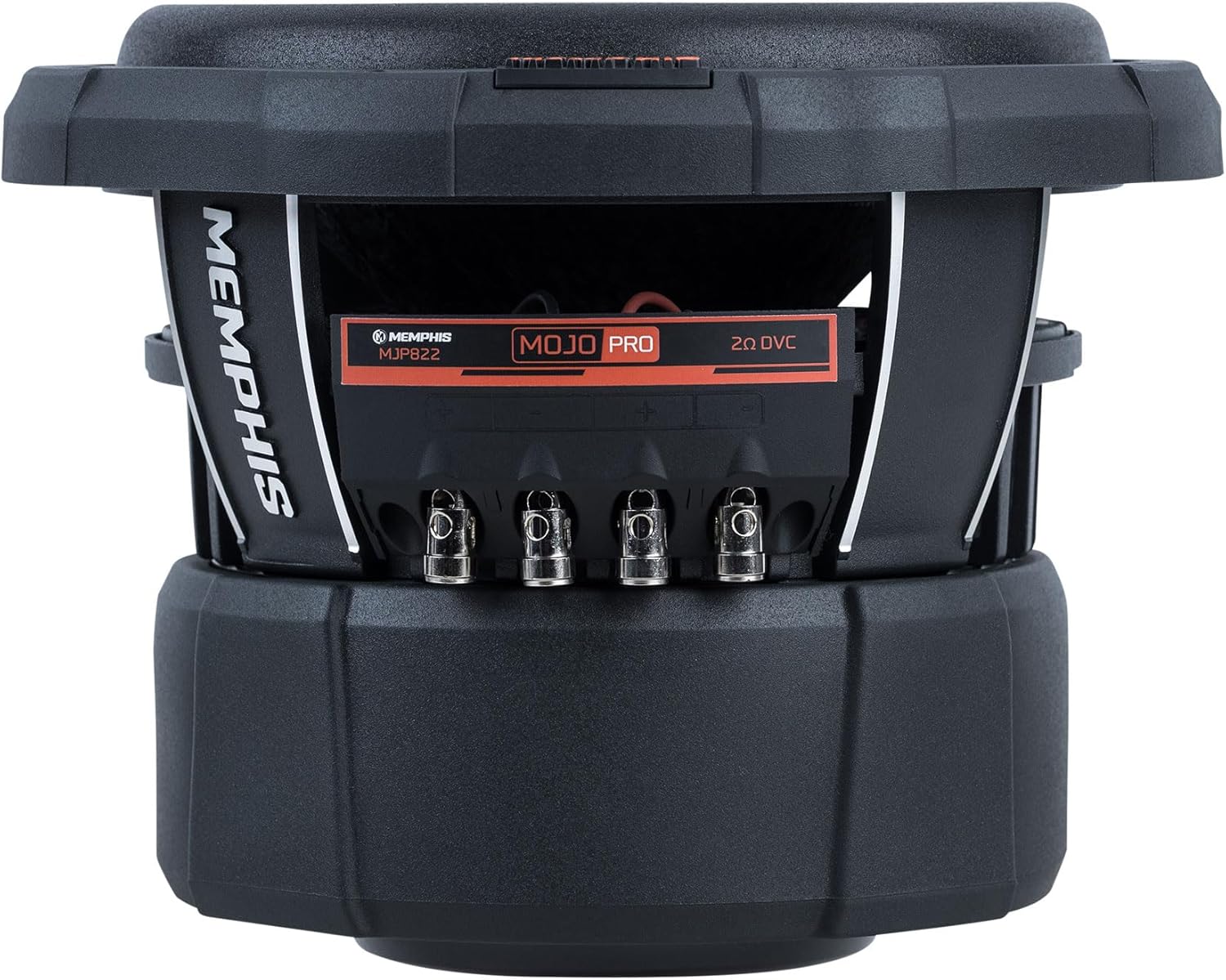 Side view of Memphis Audio MOJO Pro MJP822 subwoofer showing terminal connections