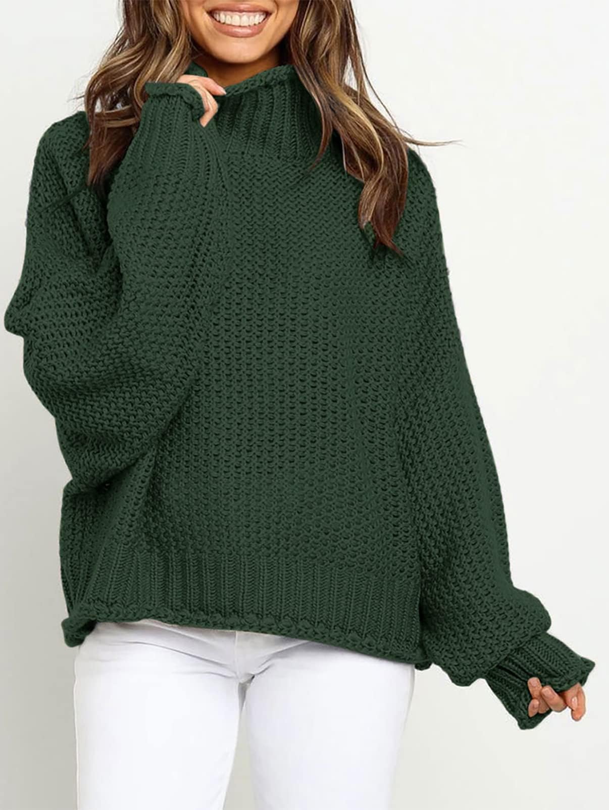 ZESICA Women's 2024 Turtleneck Batwing Sleeve Loose Oversized Chunky Knitted Pullover Sweater Jumper Tops,ArmyGreen,Large