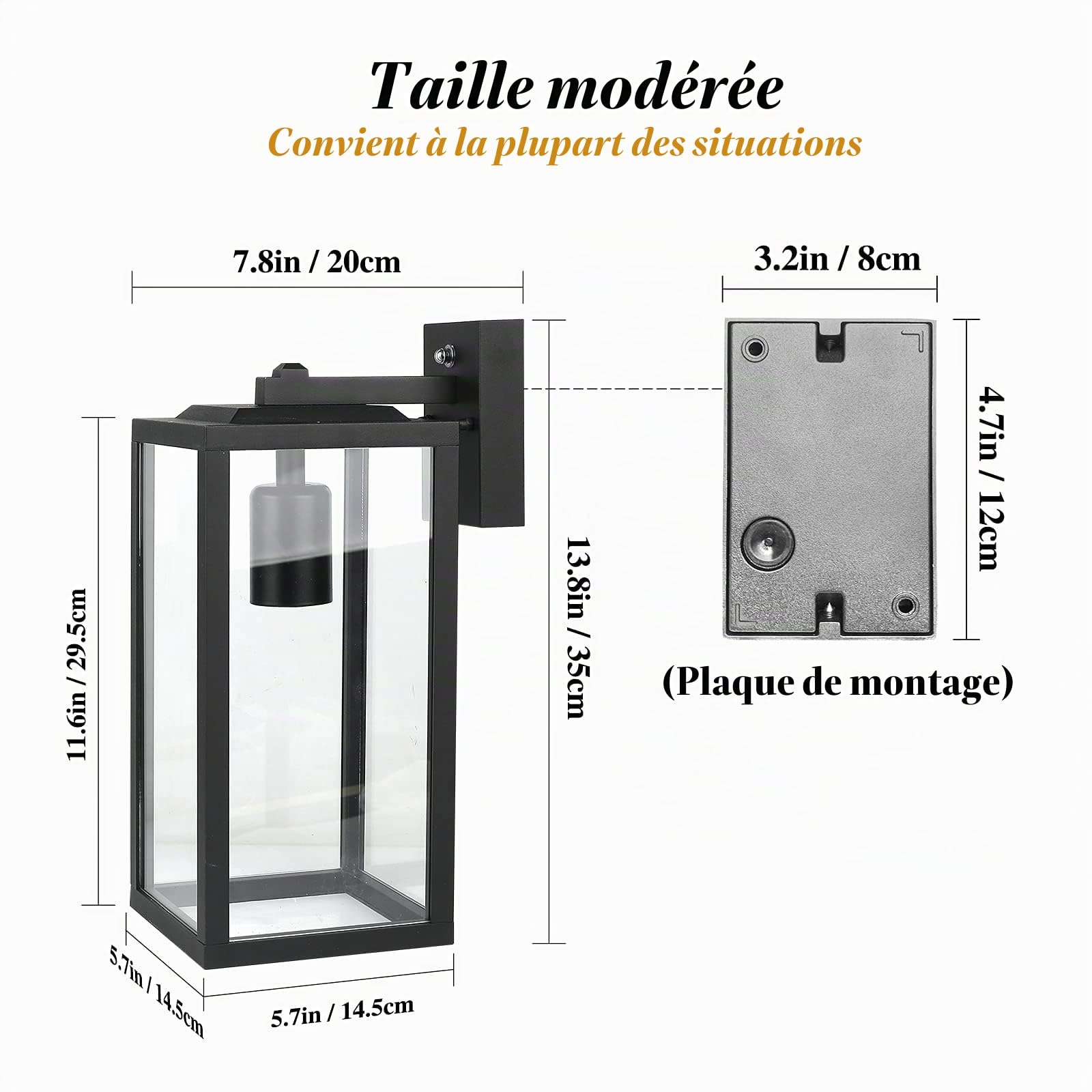 HLFVLITE Applique Murale Extérieure, Max 60W E27 Applique Extérieure en Aluminium, IP44 Lanterne Murale Extérieure Étanche pour Porche Entrée Porte Garage, Noir Mat