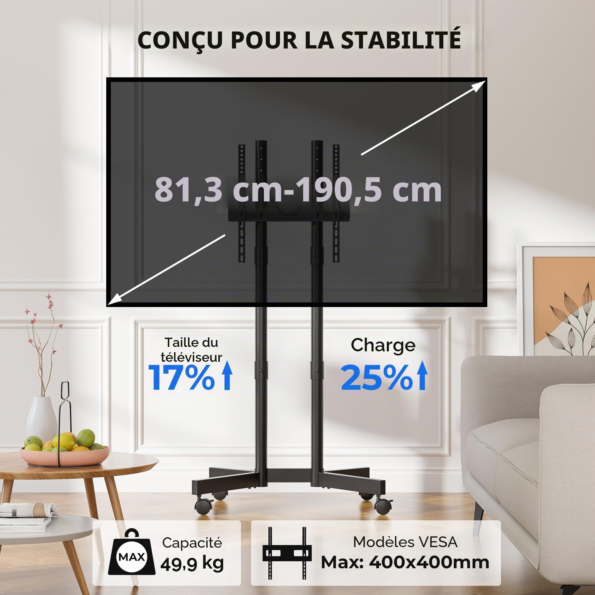 BONTEC Support TV sur Pied Universel, Pied télévision sur roulettes 32-70 Pouces, Hauteur réglable, Double Colonne Stable, roulettes verrouillables 360°, VESA 400x400, sans percer, Gestion câbles