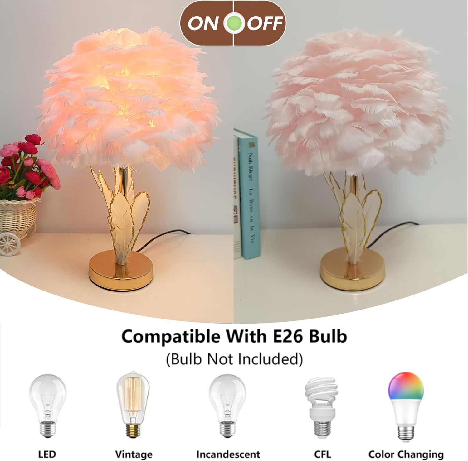 ZYLEISENBAO Pink Feather Lamp Goose Furry Table Lamp Princess Modern Fluffy Pink Desk Lamp Romantic Bedside Nightstand Light for Girl Bedroom Wedding Decor Living Room Entryway Christmas Gift