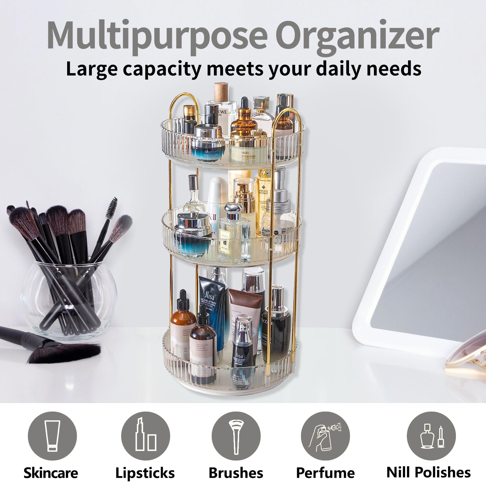 Asayuee Organizer per trucchi girevole a 360°, 2 ripiani, grande capacità, organizer per trucchi e cosmetici, organizer per cosmetici da bagno (trasparente a 3 livelli)