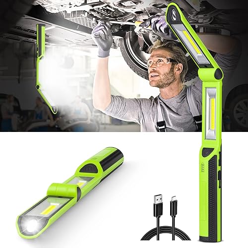 ropelux Work Light, Rechargeable LED Work Light 1500 Lumens, Portable Flashlight 180° Rotate 3 Modes, with 3 Magnetic Base and Hook Mechanic Light, for Car Repairing/Under Hood/Emergency
