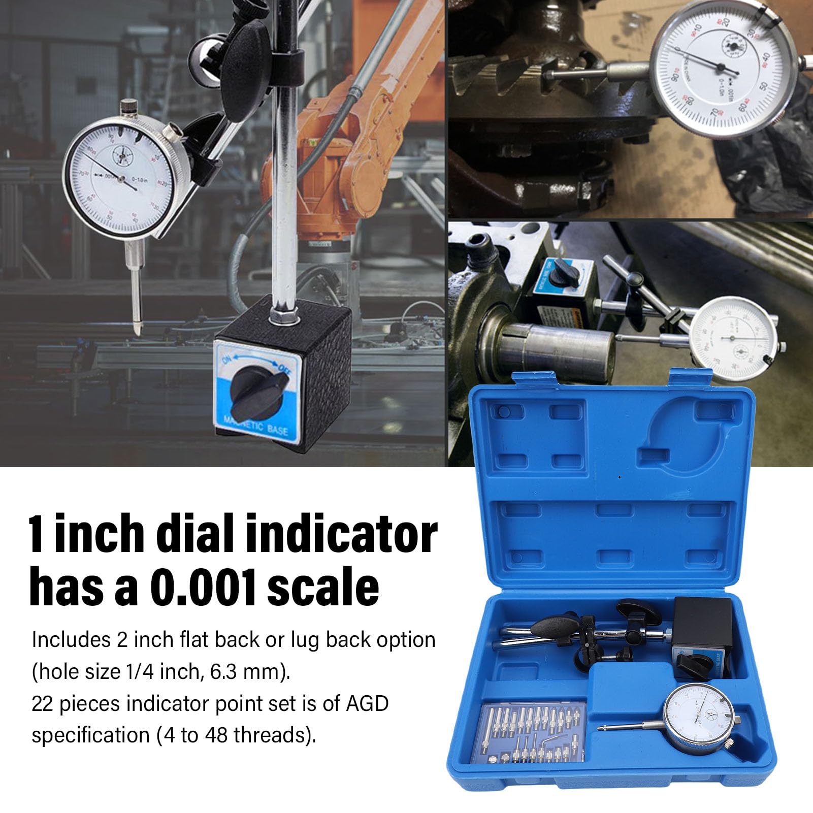 Indicador de cuadrante de precisión con juego de base Ajuste fino Brazo largo Servicio pesado Precisión de 0 1 pulgada 0 001 pulgada para mediciones de máquinas de laborato