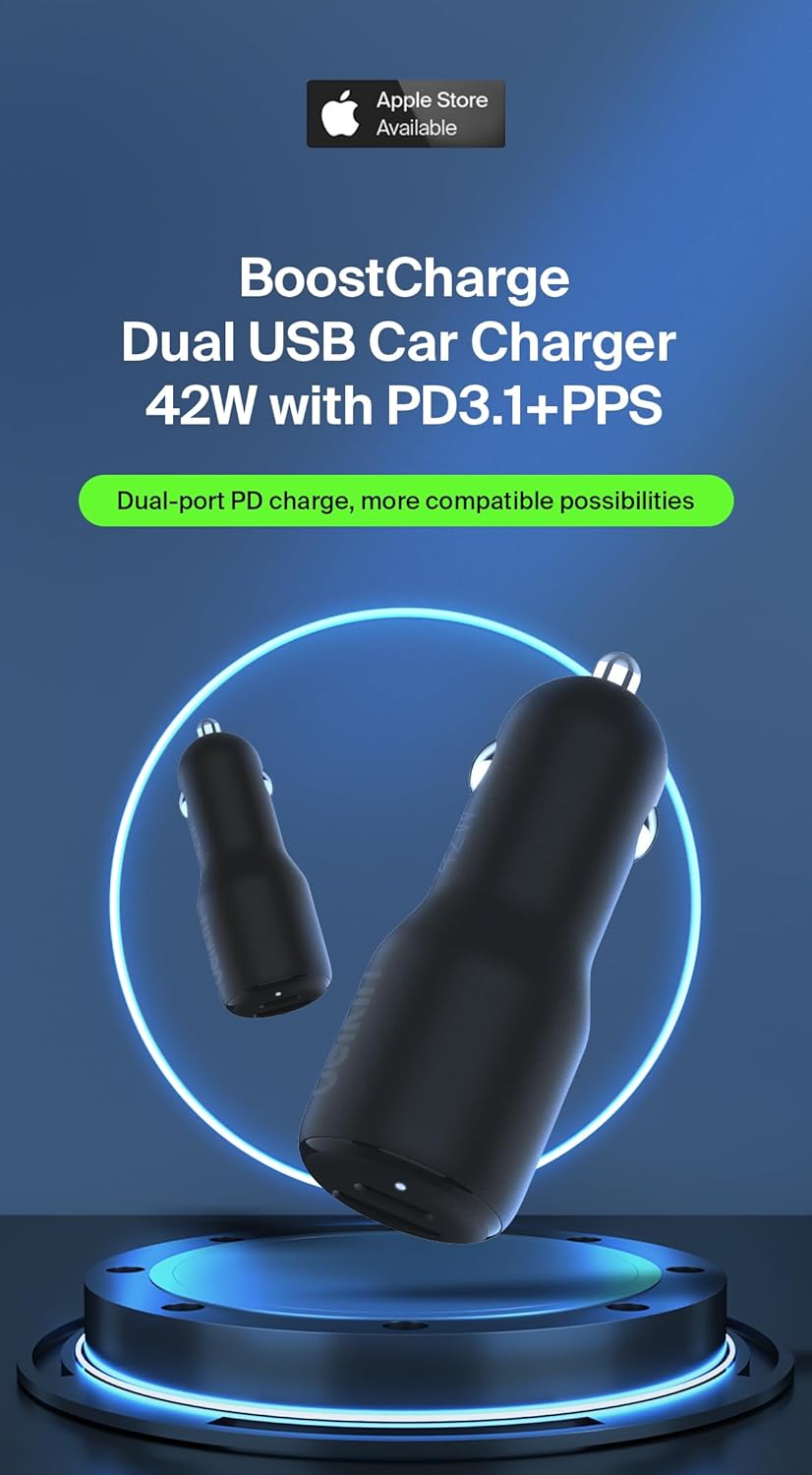 Belkin 42W Car Charger (30W USB-C x 1, 12W USB-A x 1), USB PD Car Charger, Quick Charge, PPS, USB-IF Certified, Compatible with iPhone, iPad and Android, Black CCB005qcBK