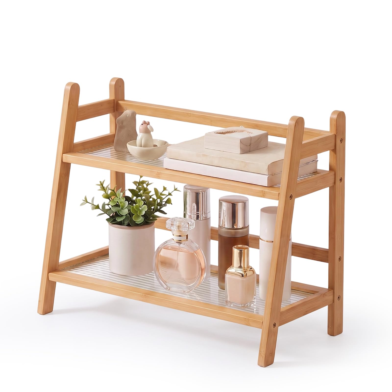 QKNOSM 2 Tier Coffee Station Organizer Small, Kitchen Counter Shelf Bamboo Coffee Stand 27 cm Countertop Organiser Acrylic Shelf Organiser Wooden for Home Kitchen Office
