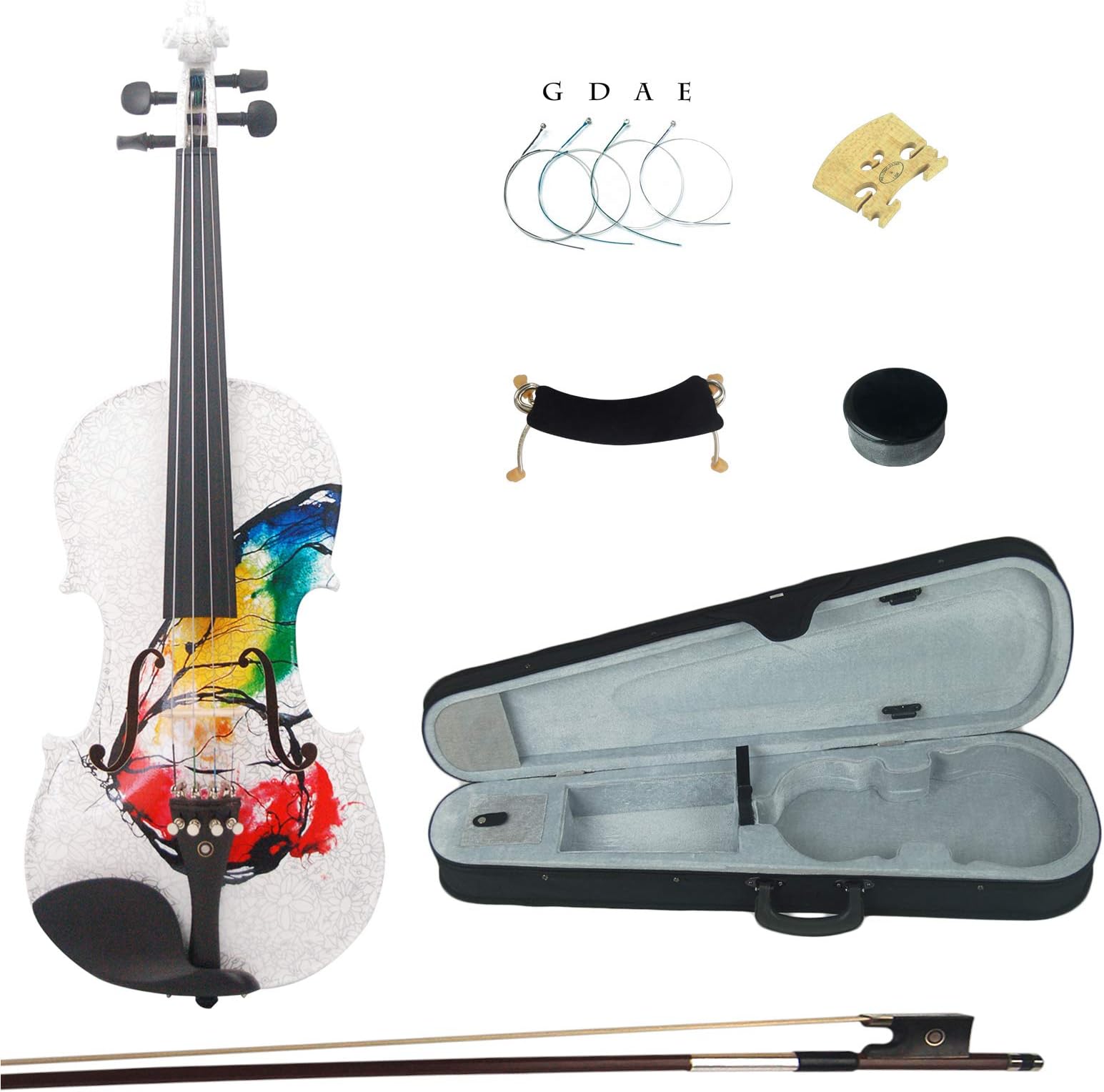Kinglos 4/4 Butterfly Colored Ebony Fitted Solid Wood Violin Kit with Case, Shoulder Rest, Bow, Manual, Extra Bridge and Strings Full Size (NHS3002)