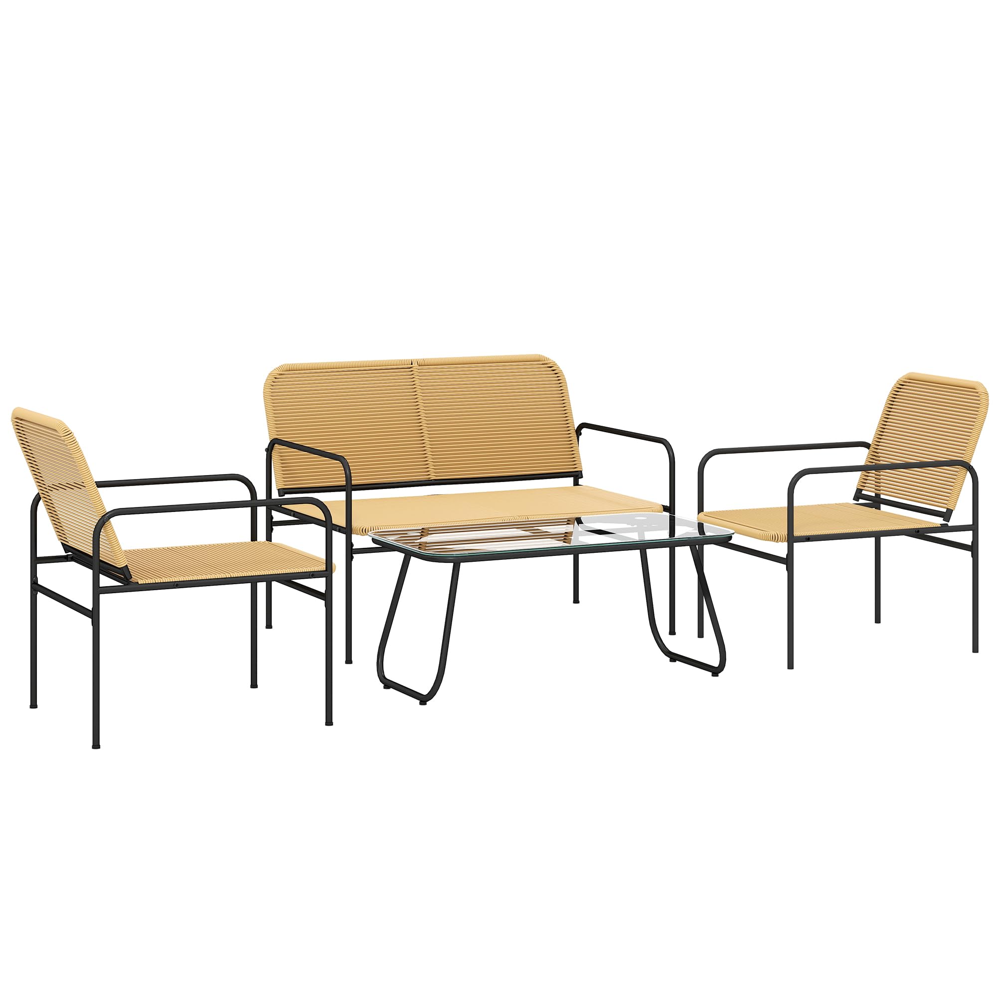 Outsunny Conjunto Jardín Exterior de Ratán, Muebles Jardín Exterior Resistentes a la Intemperie, Conjunto Terraza con Sofá de 2 Plazas, 2 Sillones, Mesa con Tablero de Vidrio Templado, Natural